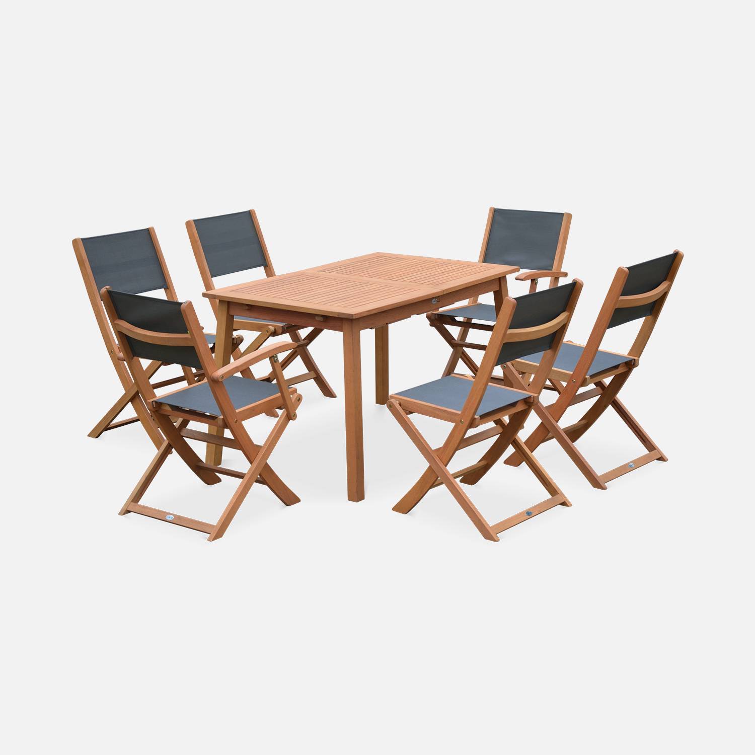 Conjunto de mesa e cadeiras de jardim em madeira e textileno, antracite, 6 lugares, eucalipto, extensível, 120/180 cm Photo4