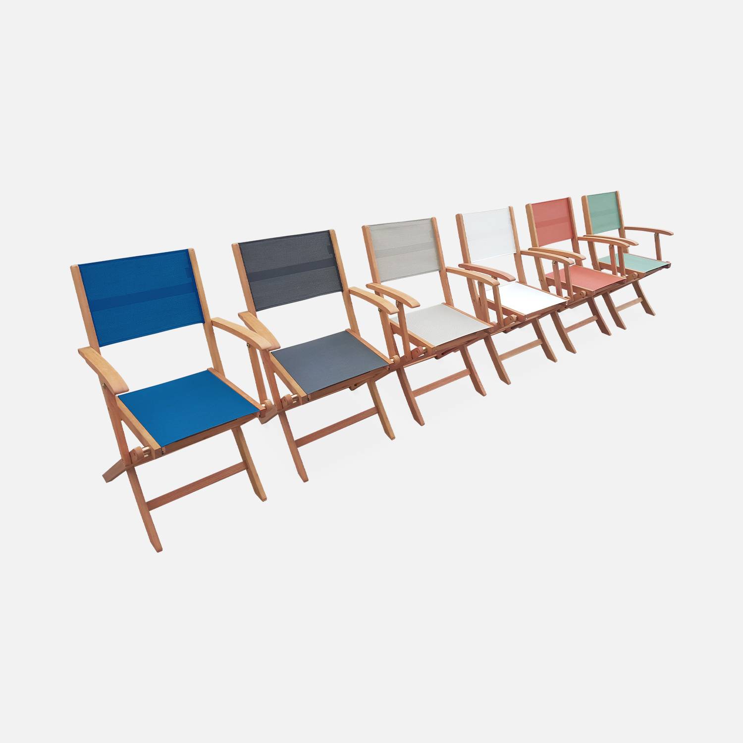Conjunto de mesa e cadeiras de jardim em madeira e textileno, antracite, 6 lugares, eucalipto, extensível, 120/180 cm Photo8