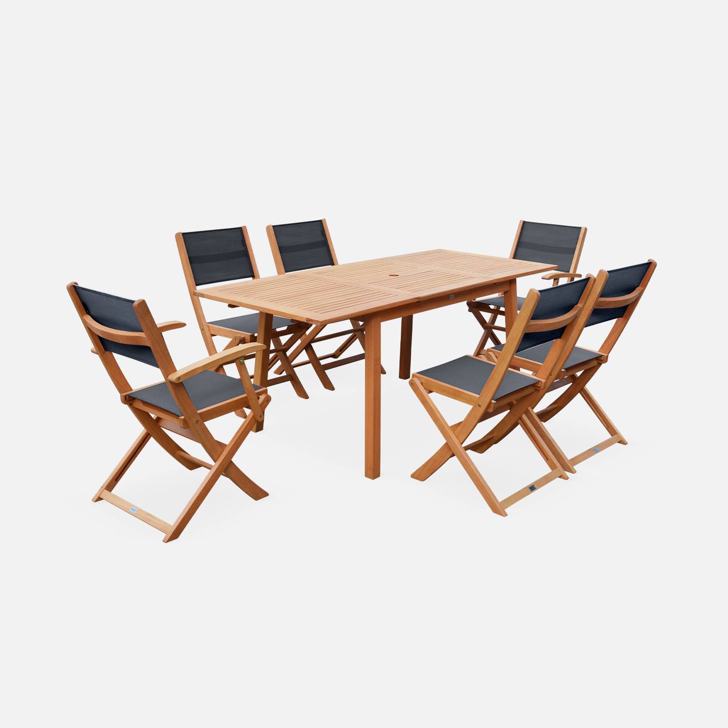 Salon de jardin en bois extensible - Table 120/180cm avec rallonge, 2 fauteuils et 4 chaises, en bois d'Eucalyptus FSC huilé et textilène noir Photo3