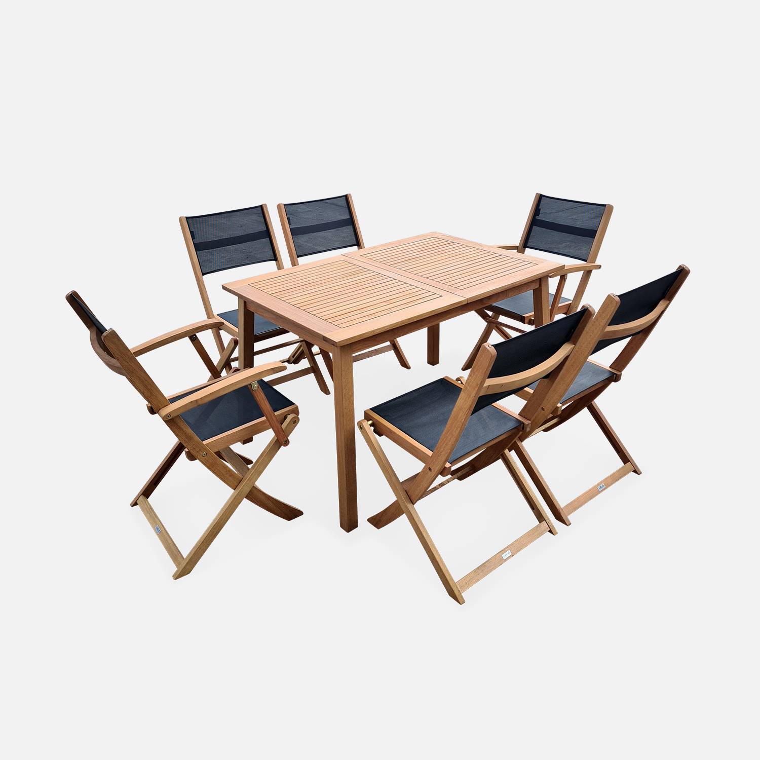 Salon de jardin en bois extensible - Table 120/180cm avec rallonge, 2 fauteuils et 4 chaises, en bois d'Eucalyptus FSC huilé et textilène noir Photo4