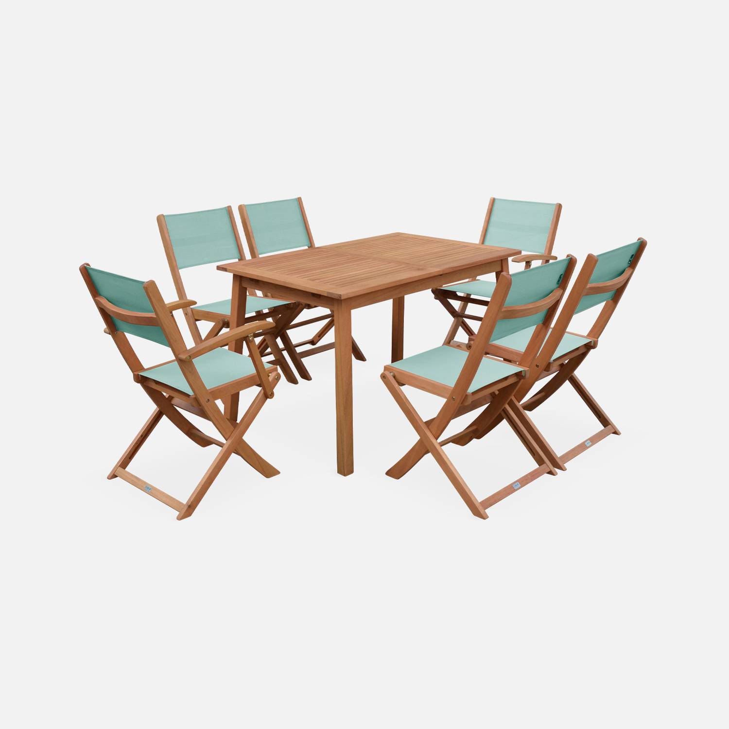 Salon de jardin en bois extensible - Almeria - Table 120/180cm avec rallonge, 2 fauteuils et 4 chaises, en bois d'Eucalyptus FSC huilé et textilène vert de gris Photo2