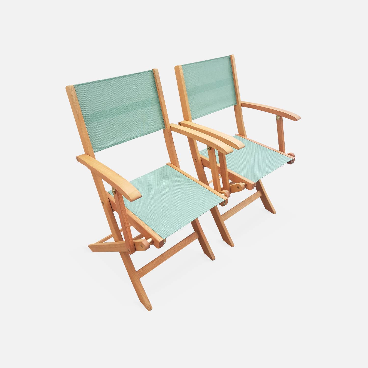 Salon de jardin en bois extensible - Almeria - Table 120/180cm avec rallonge, 2 fauteuils et 4 chaises, en bois d'Eucalyptus FSC huilé et textilène vert de gris Photo4
