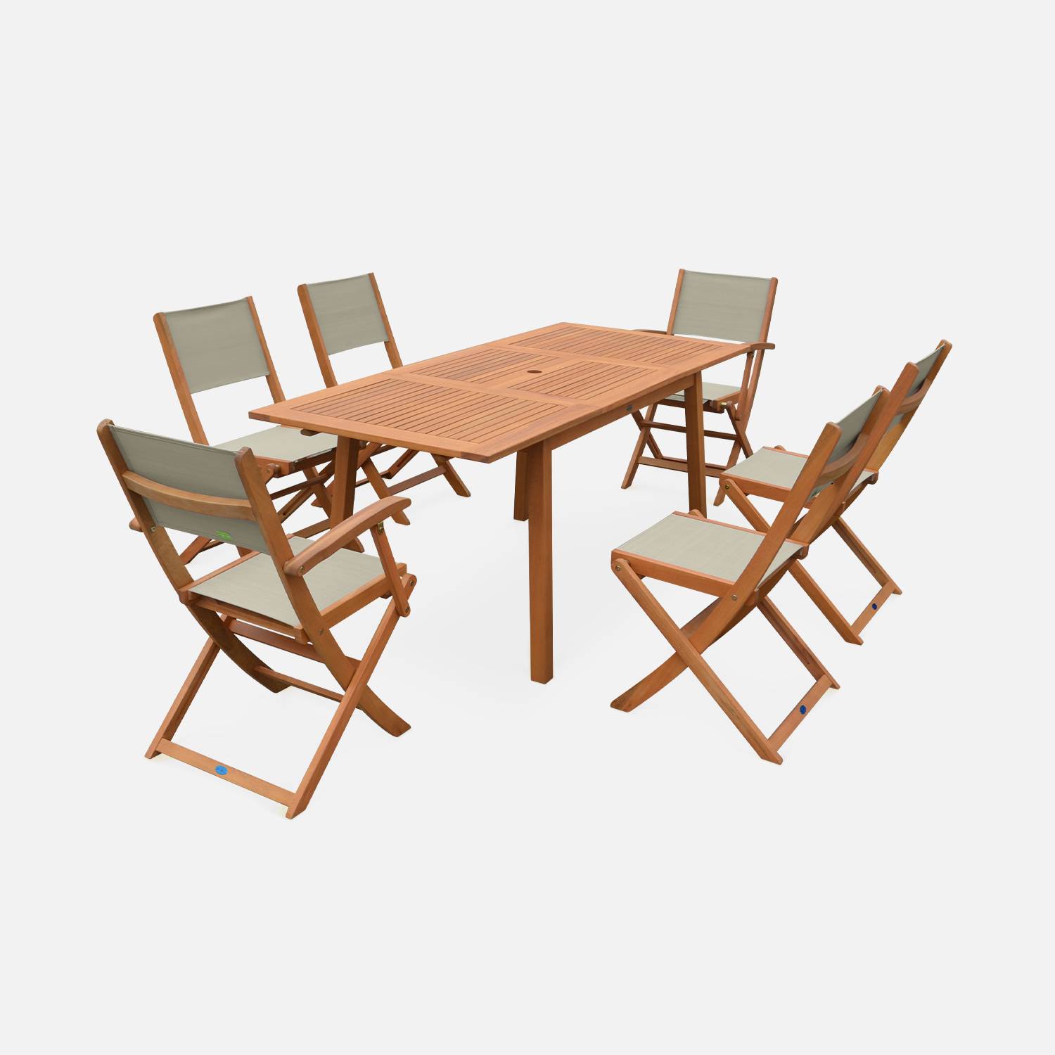 Salon de jardin en bois extensible - Almeria - Table 120/180cm avec rallonge, 2 fauteuils et 4 chaises, en bois d'Eucalyptus FSC huilé et textilène gris taupe Photo3
