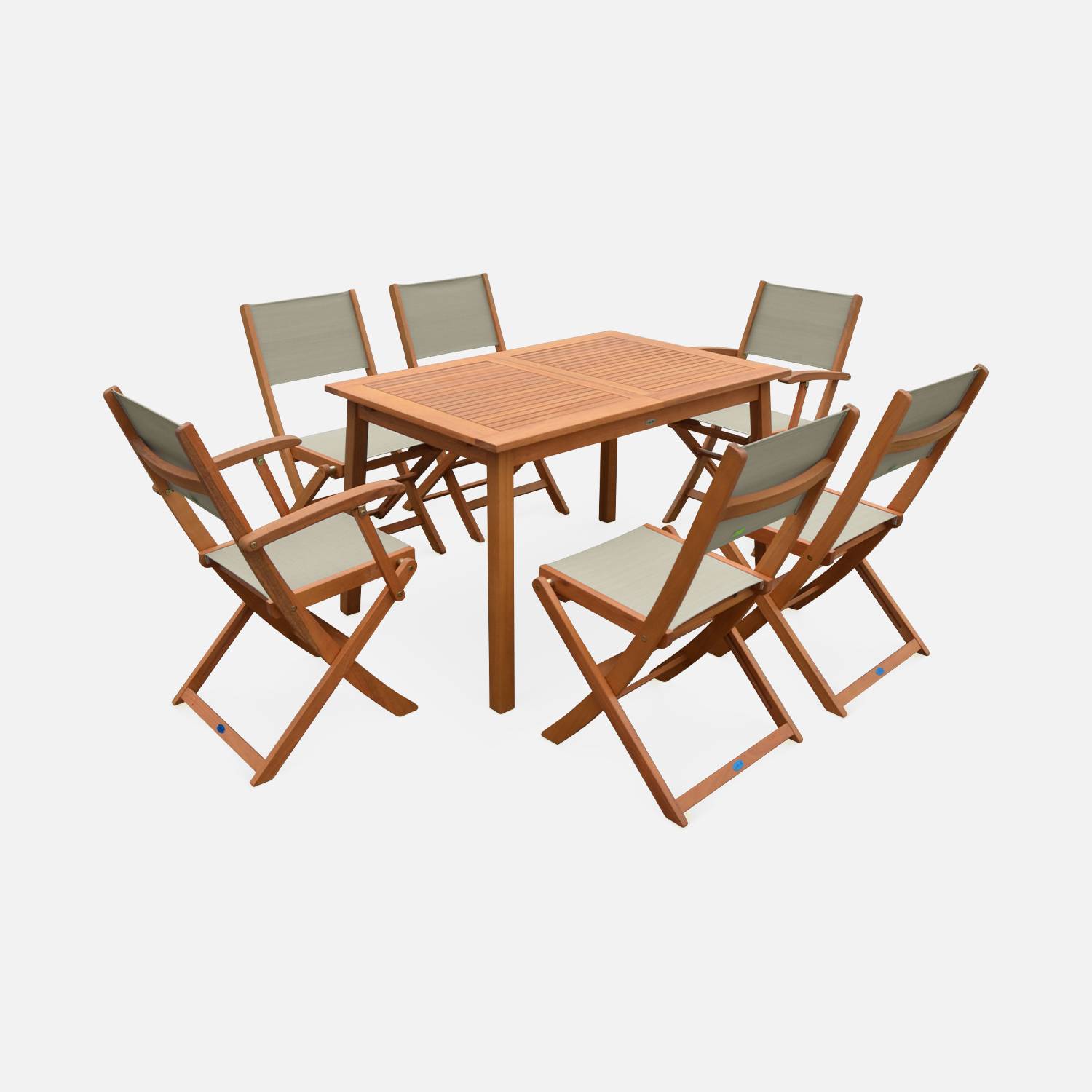 Ausziehbare Gartenmöbel aus Holz - Almeria - Tisch 120/180 cm mit Verlängerung, 2 Sesseln und 4 Stühlen aus geöltem FSC-Eukalyptusholz und taupegrauem Textilene Photo4
