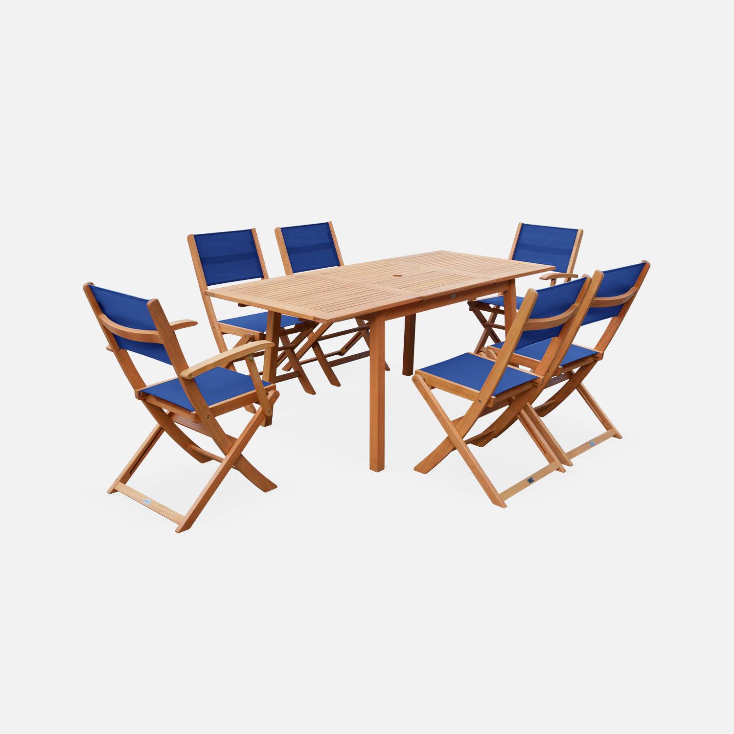 Salon de jardin en bois extensible - Almeria - Table 120/180cm avec rallonge, 2 fauteuils et 4 chaises, en bois d'Eucalyptus FSC huilé et textilène bleu nuit Photo1