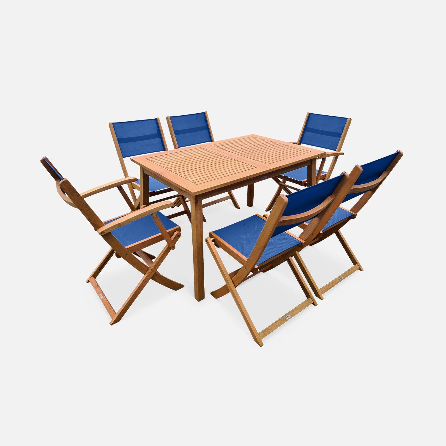 Conjunto de mesa e cadeiras de jardim em madeira e textileno, Azul, 6 lugares, eucalipto, extensível, 120/180 cm Photo2