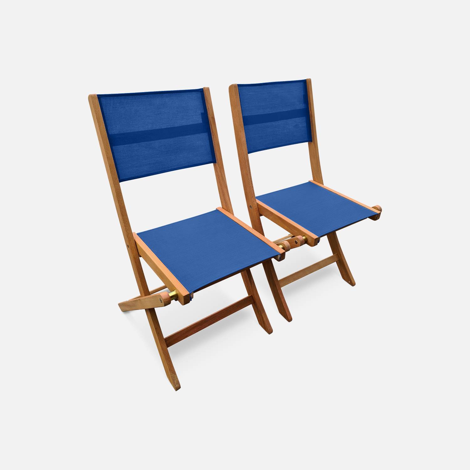 Salon de jardin en bois extensible - Almeria - Table 120/180cm avec rallonge, 2 fauteuils et 4 chaises, en bois d'Eucalyptus FSC huilé et textilène bleu nuit Photo5