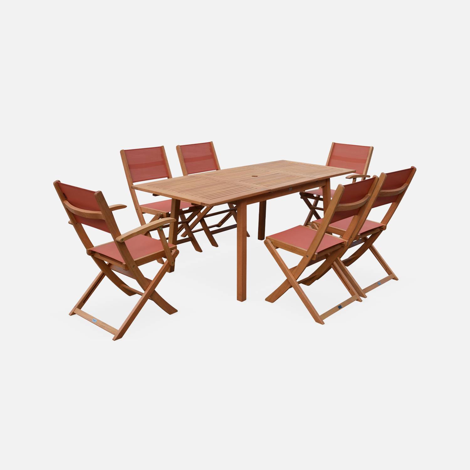 Salon de jardin en bois extensible - Almeria - Table 120/180cm avec rallonge, 2 fauteuils et 4 chaises, en bois d'Eucalyptus FSC huilé et textilène terra cotta Photo3