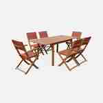 Salon de jardin en bois extensible - Almeria - Table 120/180cm avec rallonge, 2 fauteuils et 4 chaises, en bois d'Eucalyptus FSC huilé et textilène terra cotta Photo3