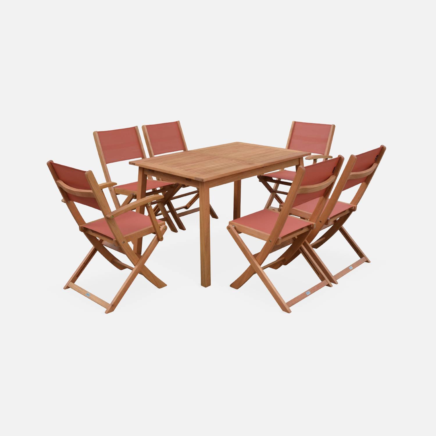 Ausziehbare Gartenmöbel aus Holz - Almeria - Tisch 120/180 cm mit Verlängerung, 2 Sesseln und 4 Stühlen aus geöltem FSC-Eukalyptusholz und terrakottafarbenem Textilene Photo4