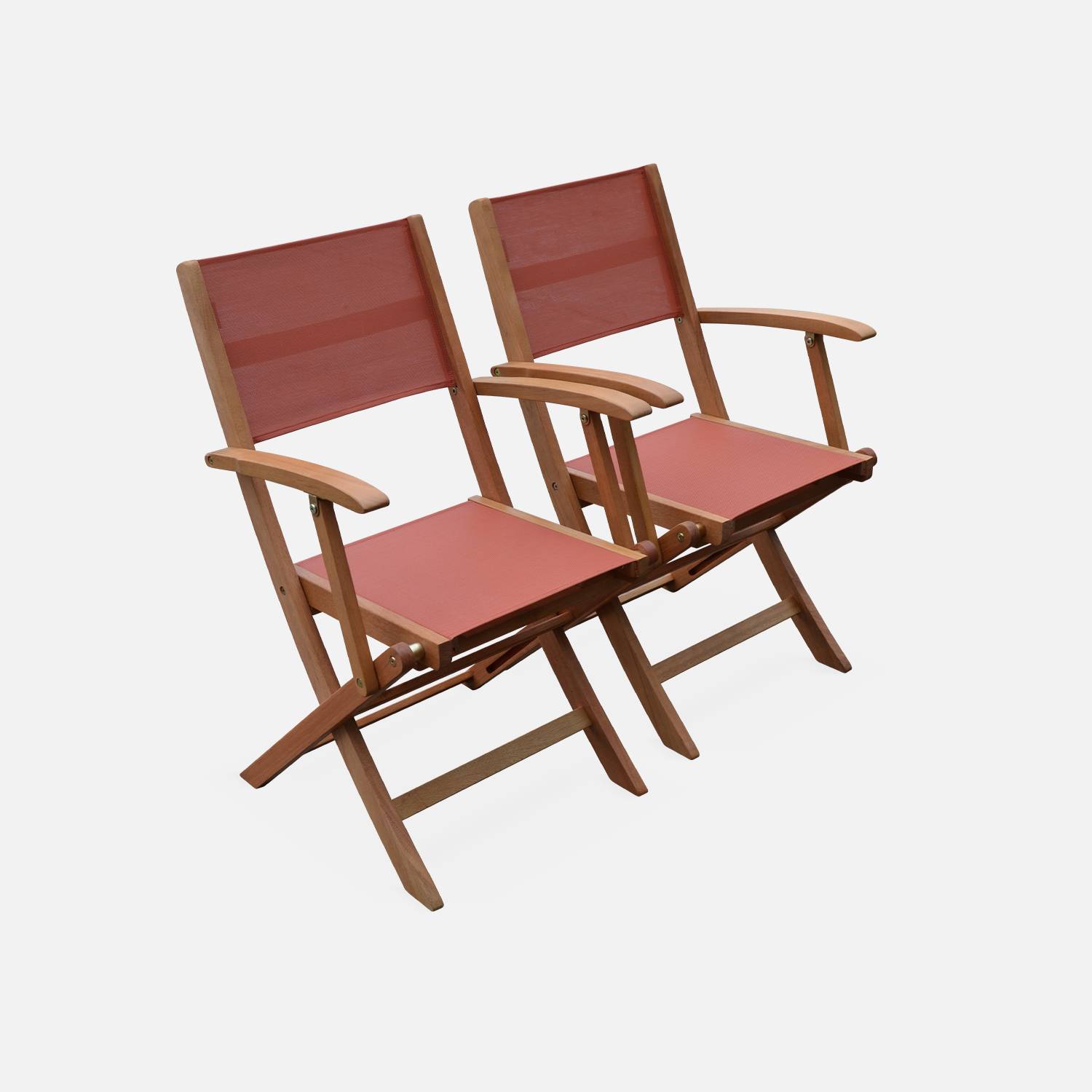 Ausziehbare Gartenmöbel aus Holz - Almeria - Tisch 120/180 cm mit Verlängerung, 2 Sesseln und 4 Stühlen aus geöltem FSC-Eukalyptusholz und terrakottafarbenem Textilene Photo6