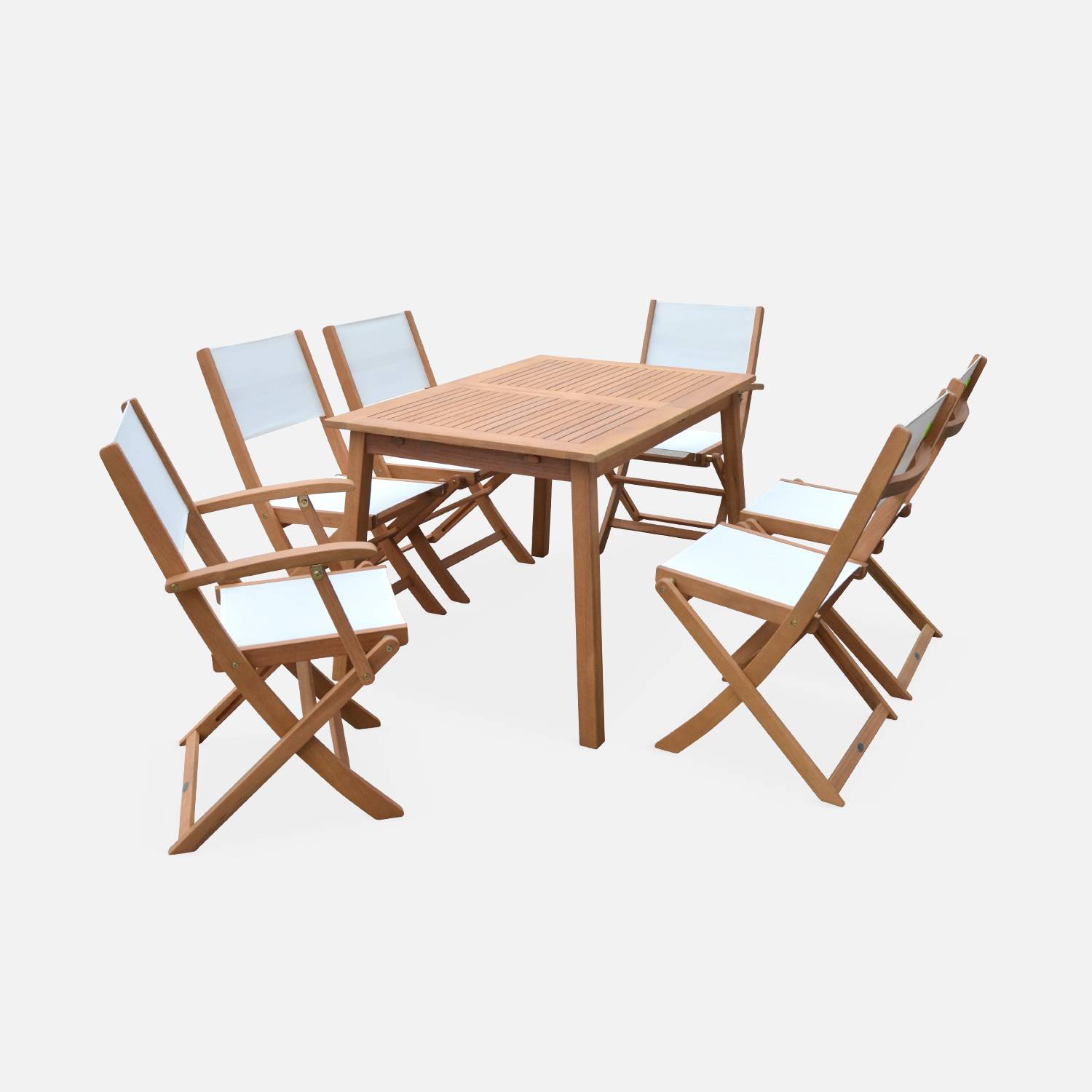 Ausziehbare Gartenmöbel aus Holz - Almeria - Tisch 120/180 cm mit Verlängerung, 2 Sesseln und 4 Stühlen aus geöltem FSC-Eukalyptusholz und weißes Textilene Photo4