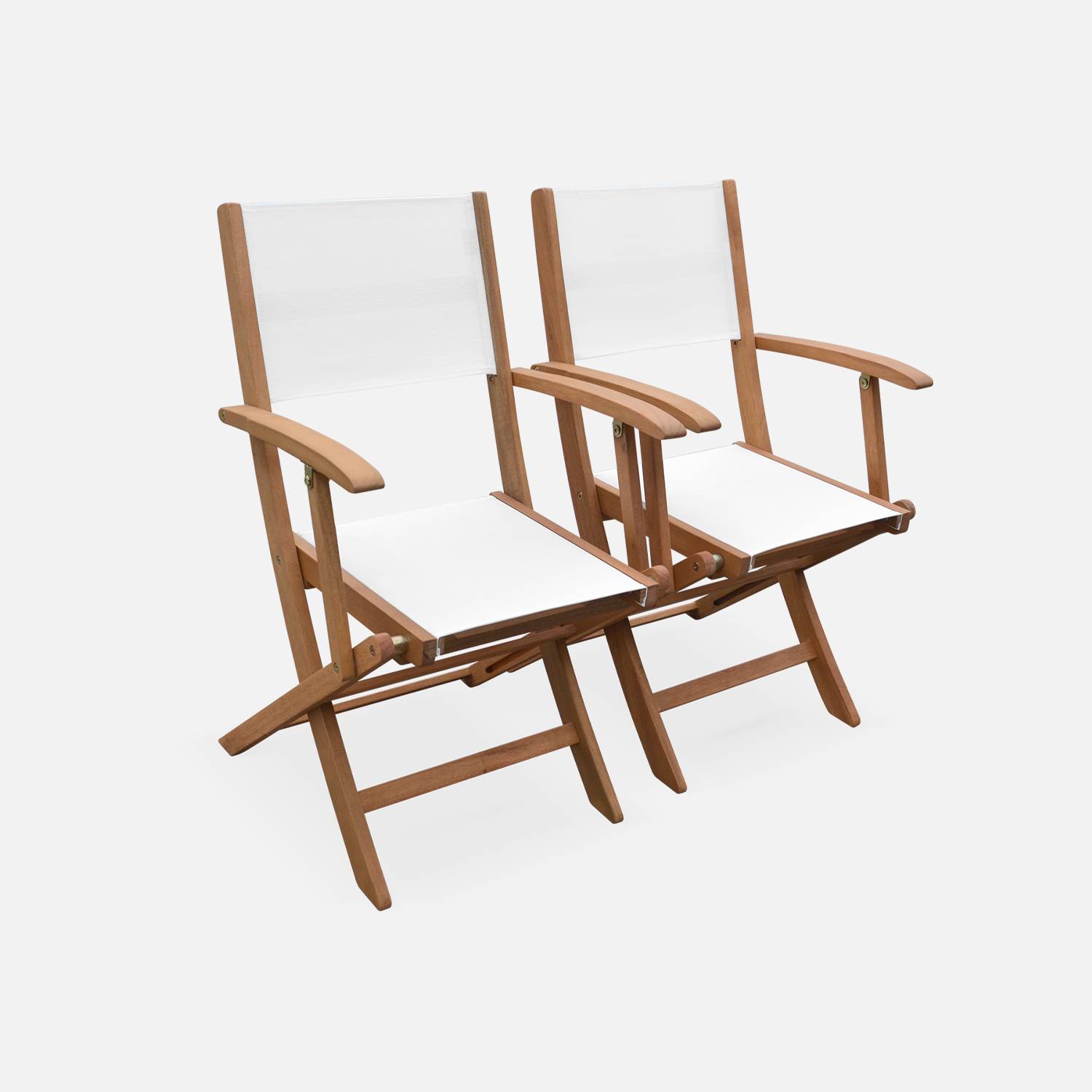 Salon de jardin en bois extensible - Almeria - Table 120/180cm avec rallonge, 2 fauteuils et 4 chaises, en bois d'Eucalyptus FSC huilé et textilène blanc Photo6
