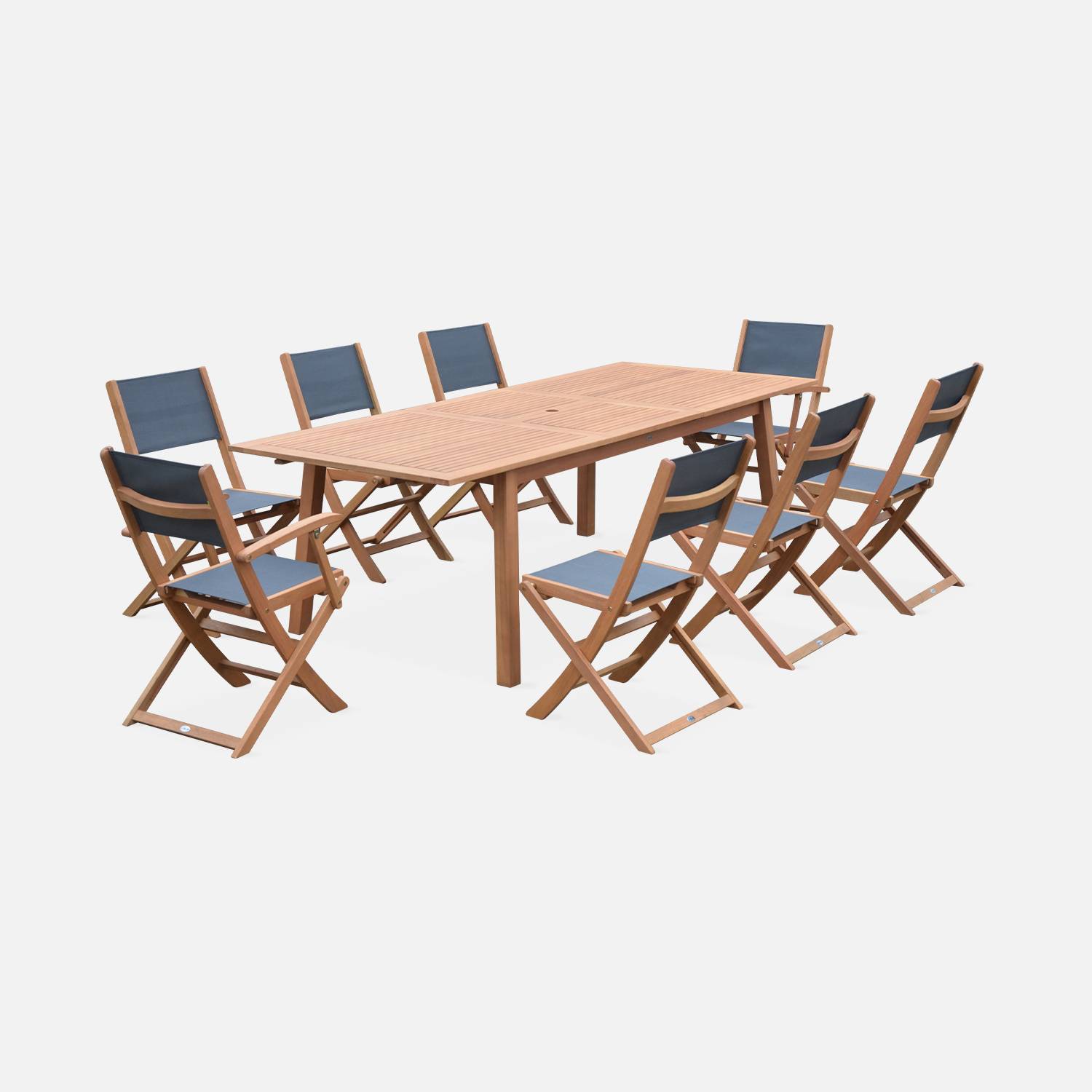Ausziehbare Gartengarnitur aus Holz - Almeria - Großer Tisch 180/240 cm mit Verlängerung, 2 Sesseln und 6 Stühlen aus geöltem FSC-Eukalyptusholz und anthrazitfarbenem Textilene Photo3