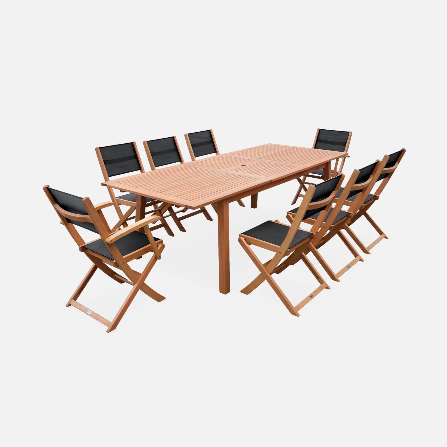 Ausziehbare Gartengarnitur aus Holz - Almeria - Großer Tisch 180/240 cm mit Verlängerung, 2 Sesseln und 6 Stühlen aus geöltem FSC-Eukalyptusholz und schwarzem Textilene Photo1