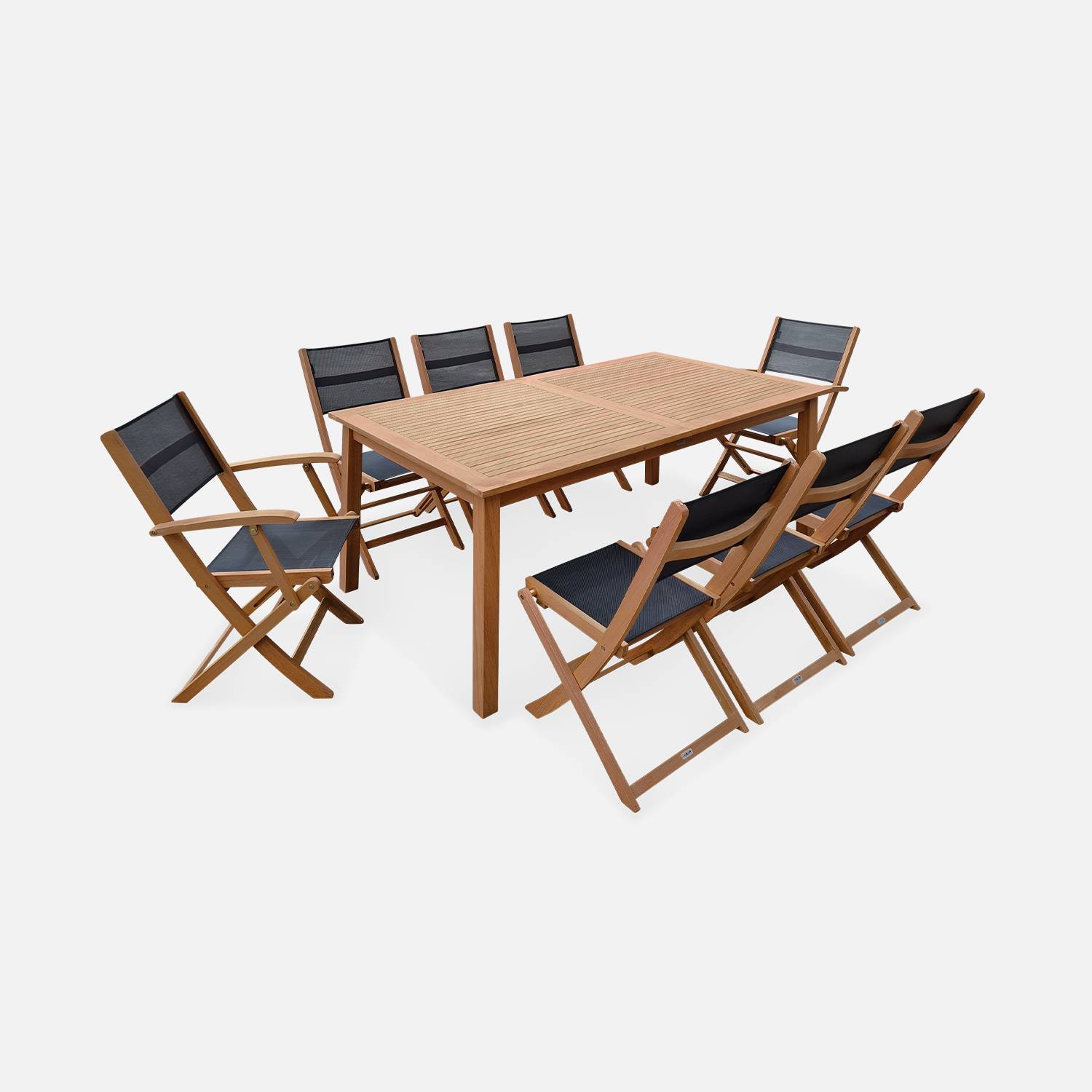 Conjunto de muebles de jardín de madera extensible - Almería - mesa extensible de 180/240cm, 2 sillones y 6 sillas, en madera de eucalipto FSC aceitada y textileno negro Photo2