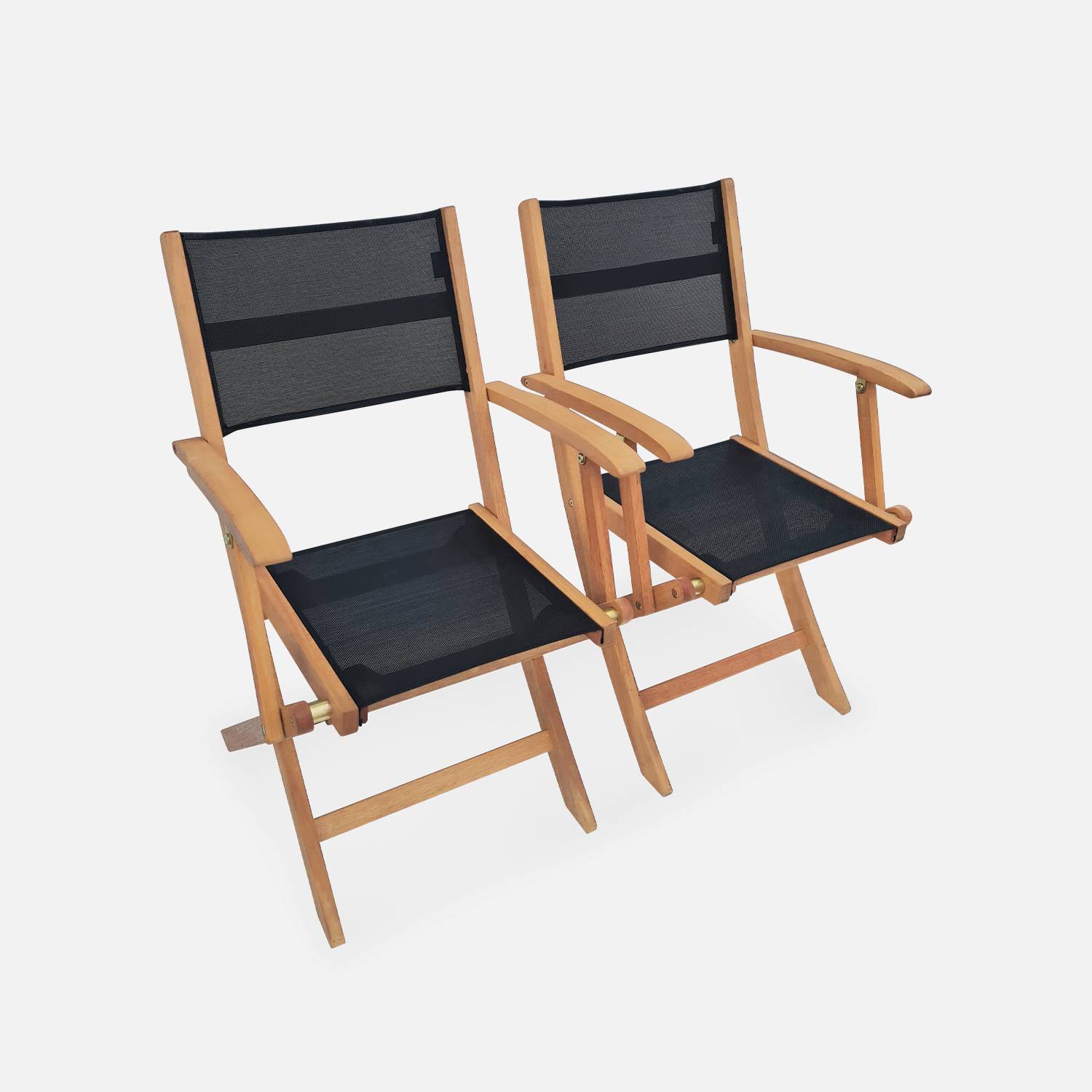 Ausziehbare Gartengarnitur aus Holz - Almeria - Großer Tisch 180/240 cm mit Verlängerung, 2 Sesseln und 6 Stühlen aus geöltem FSC-Eukalyptusholz und schwarzem Textilene Photo4
