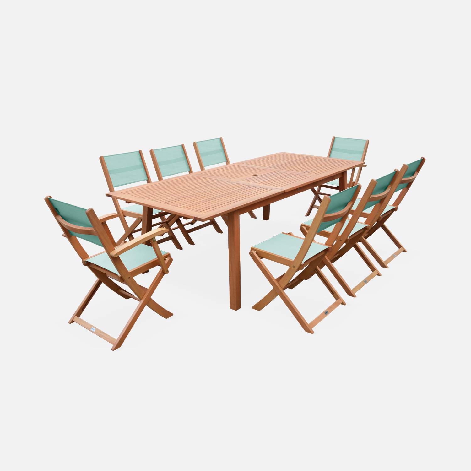 Salon de jardin en bois extensible - Almeria - table 180/240cm avec rallonge, 2 fauteuils et 6 chaises, en bois d'Eucalyptus FSC huilé et textilène vert de gris Photo1