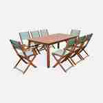 Salon de jardin en bois extensible - Almeria - table 180/240cm avec rallonge, 2 fauteuils et 6 chaises, en bois d'Eucalyptus FSC huilé et textilène vert de gris Photo2