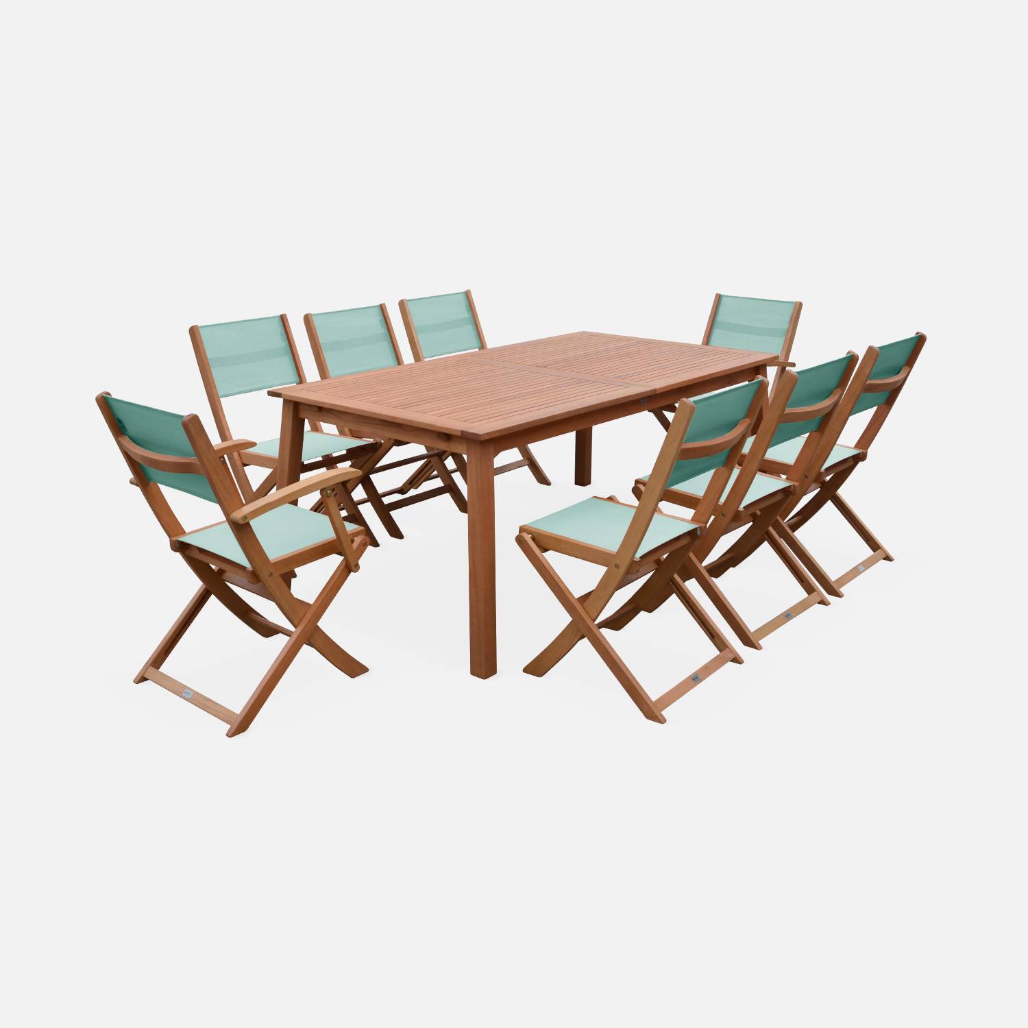 Salon de jardin en bois extensible - Almeria - table 180/240cm avec rallonge, 2 fauteuils et 6 chaises, en bois d'Eucalyptus FSC huilé et textilène vert de gris Photo2