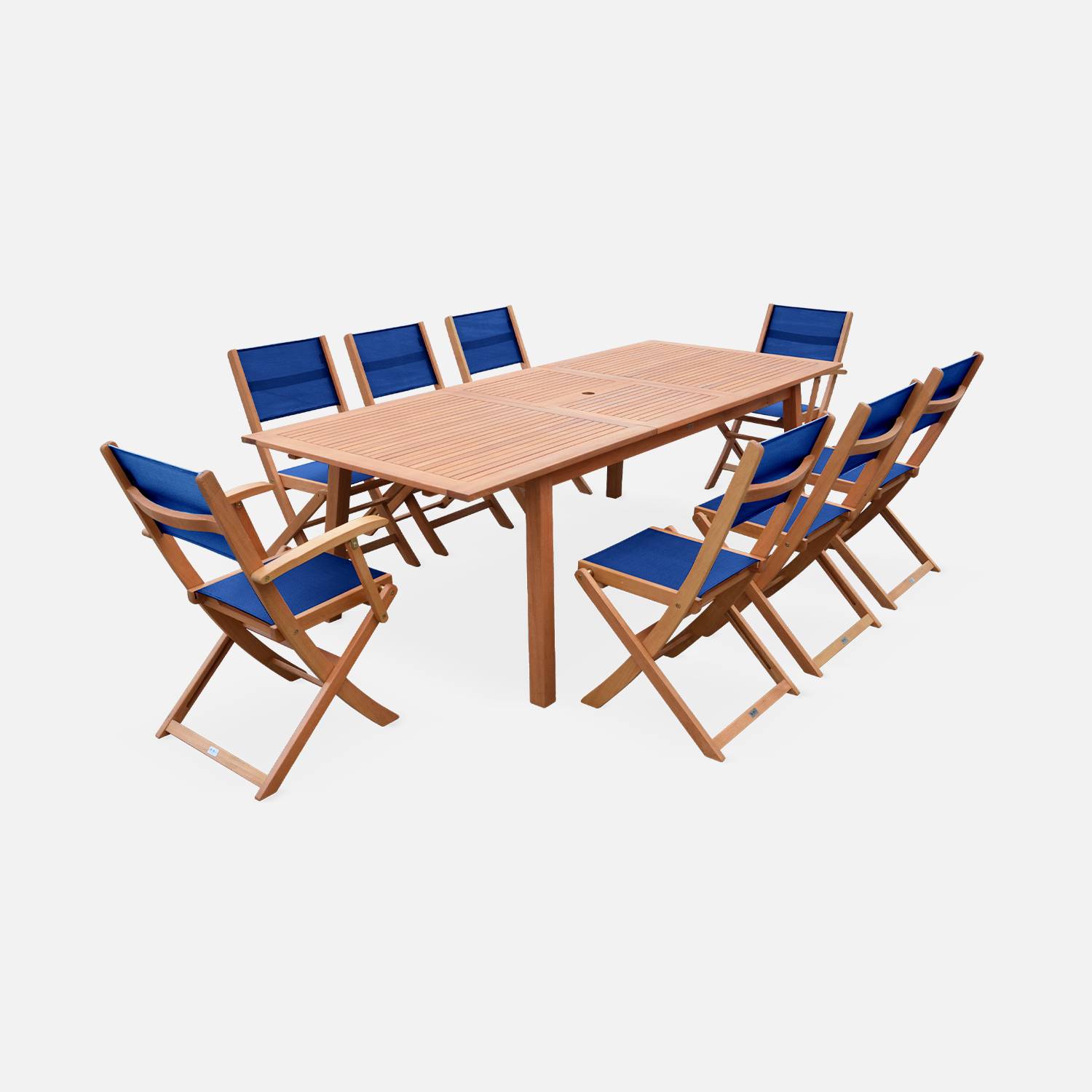 Almera tuinset Nachtblauw, uitschuifbare tafel 180/240cm, 6 stoelen en 2 armstoelen, inklapbaar, FSC-eucalyptus hout en textileen  Photo1
