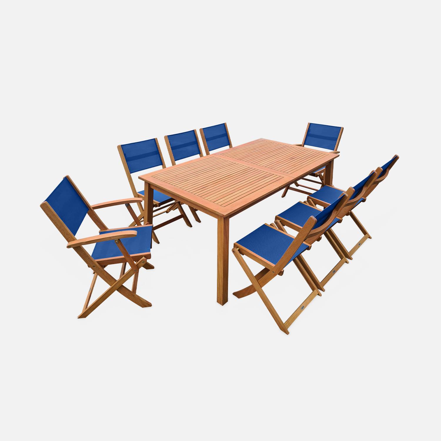 Móvel de jardim em madeira extensível - Almeria - Grande mesa 180 / 240cm com extensão, 2 poltronas e 6 cadeiras, em madeira oleada Eucalipto FSC e textilene azul escuro Photo2