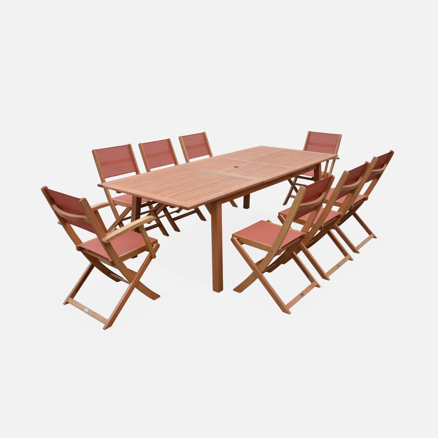 Ausziehbare Gartenmöbel aus Holz - Almeria - Tisch 180/240 cm mit Verlängerung, 2 Sesseln und 6 Stühlen aus geöltem FSC-Eukalyptusholz und terrakottafarbenem Textilene Photo3