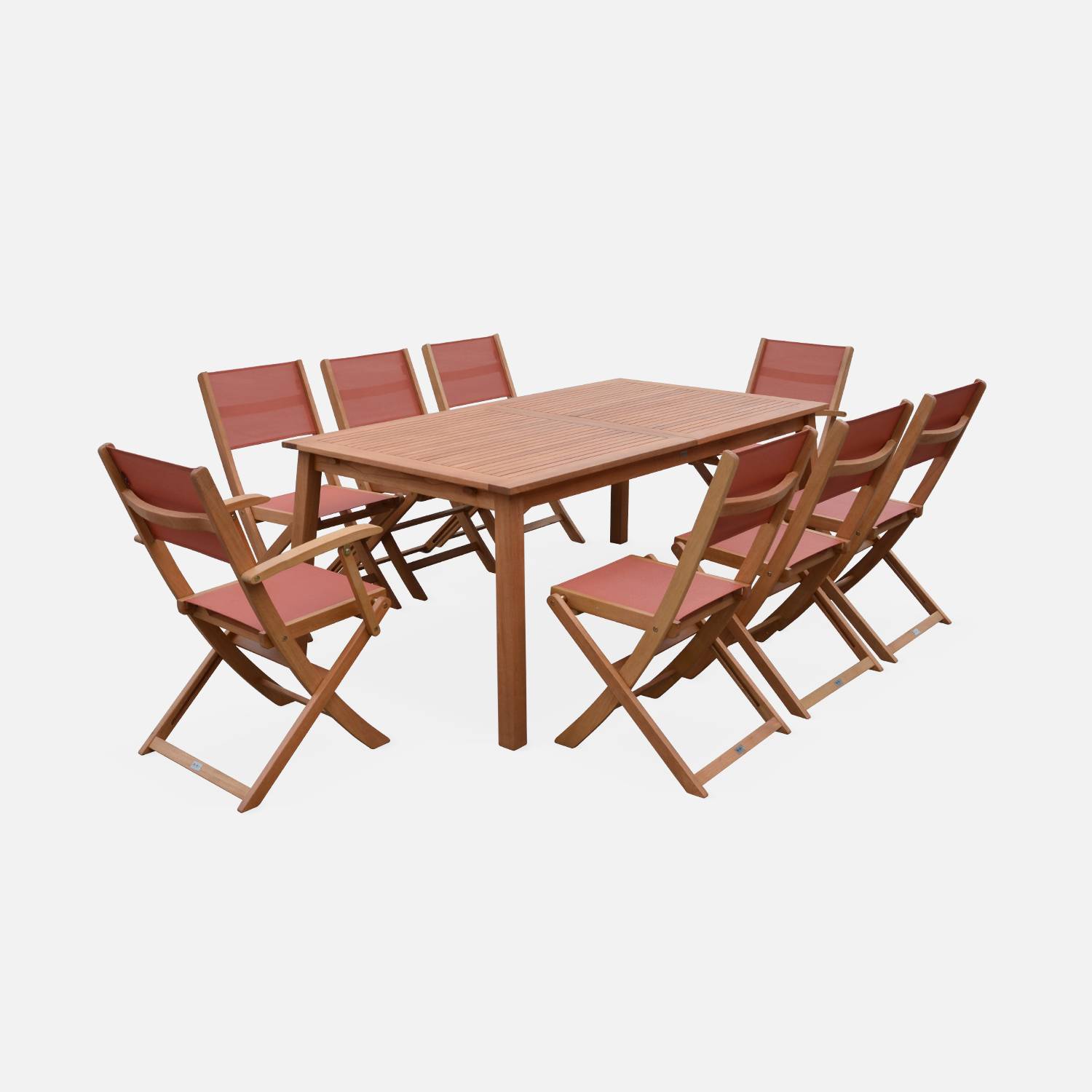 Ausziehbare Gartenmöbel aus Holz - Almeria - Tisch 180/240 cm mit Verlängerung, 2 Sesseln und 6 Stühlen aus geöltem FSC-Eukalyptusholz und terrakottafarbenem Textilene Photo4