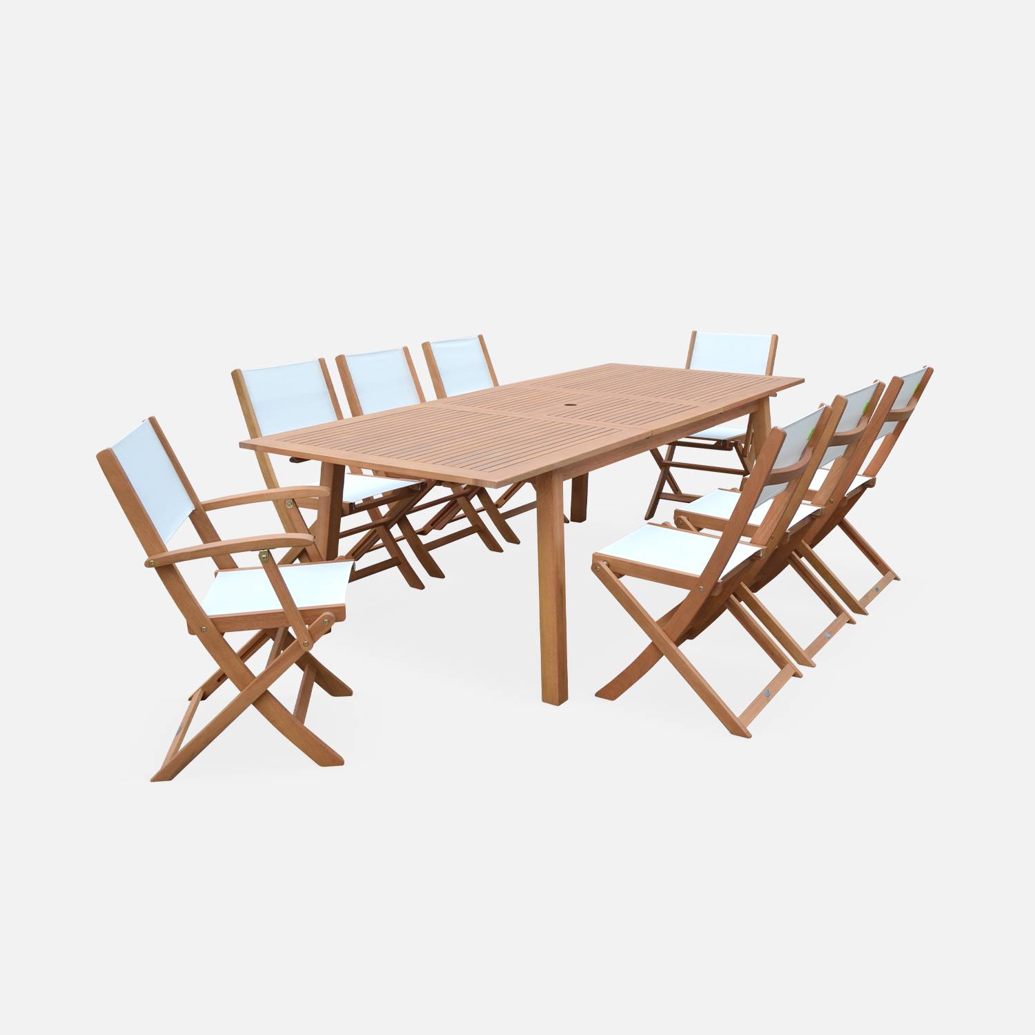 Conjunto de mesa y sillas de jardín de madera y textileno blanco, 8 plazas, Extensible 180/ 240 cm Photo3