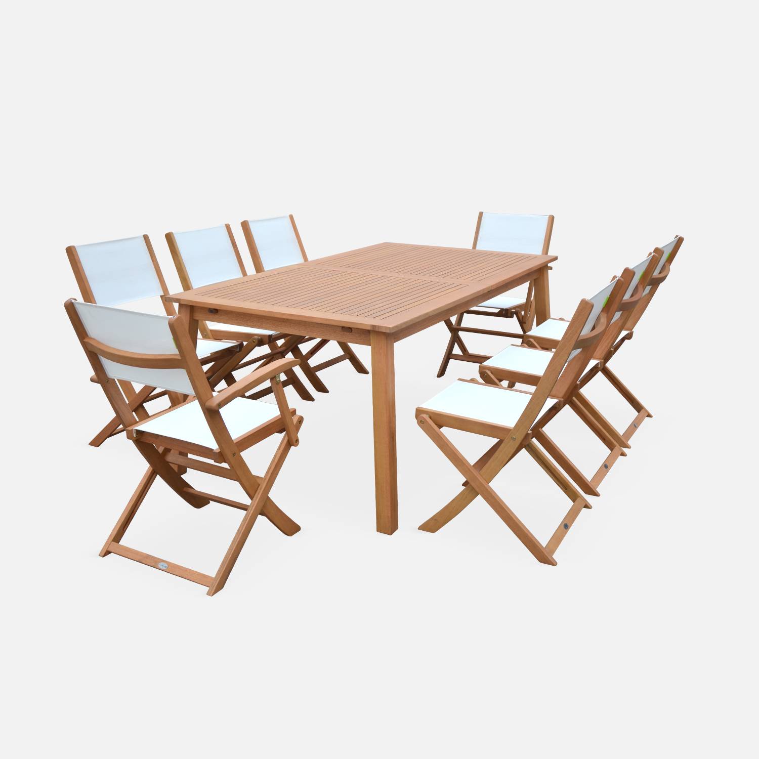 Salon de jardin en bois extensible - Almeria - Grande table 180/240cm avec rallonge, 2 fauteuils et 6 chaises, en bois d'Eucalyptus FSC huilé et textilène blanc Photo4