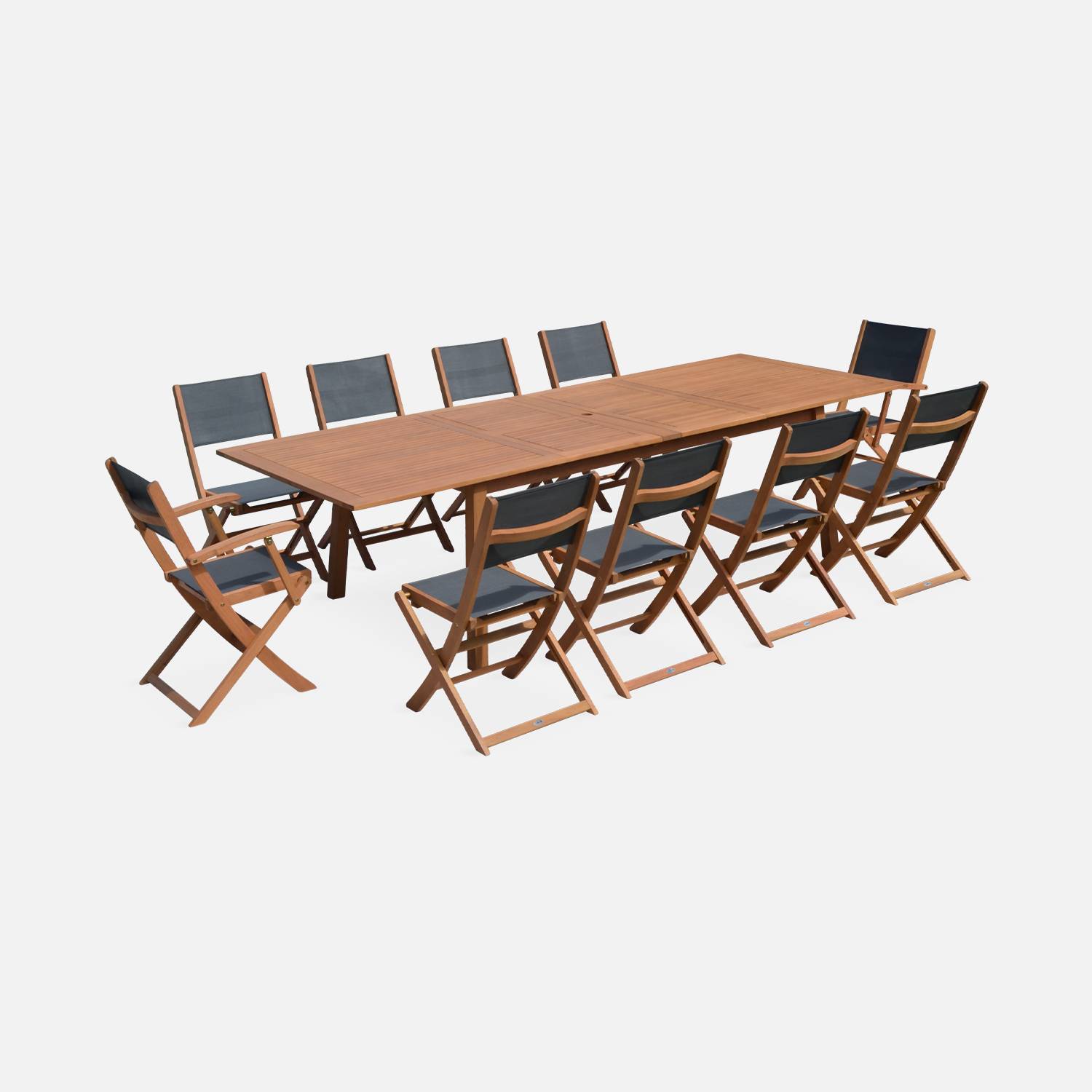 Conjunto de mesa e cadeiras de jardim em madeira e textileno, antracite, 10 lugares, eucalipto, extensível, 200/250/300 cm Photo3