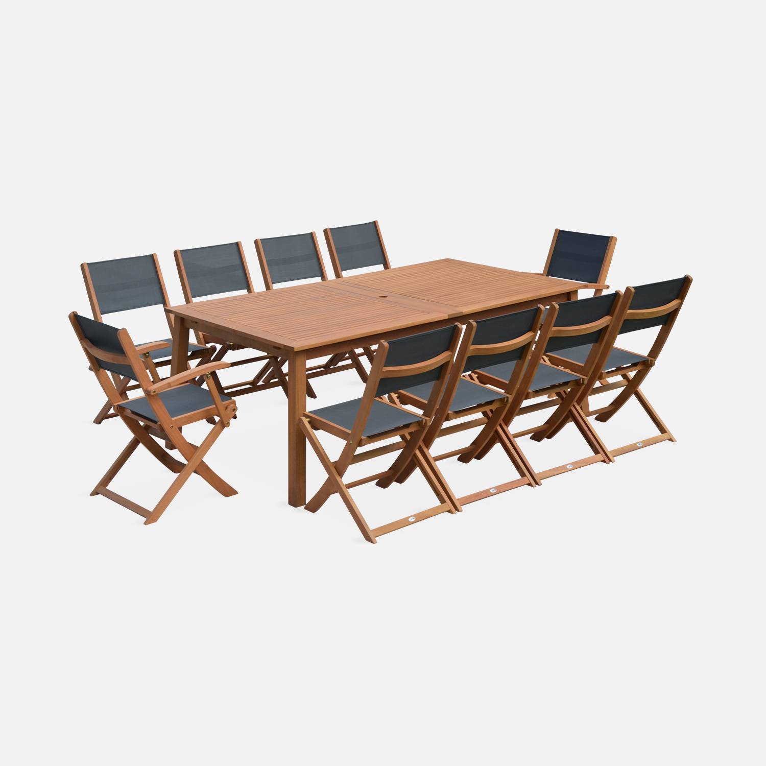 Conjunto de mesa e cadeiras de jardim em madeira e textileno, antracite, 10 lugares, eucalipto, extensível, 200/250/300 cm Photo4