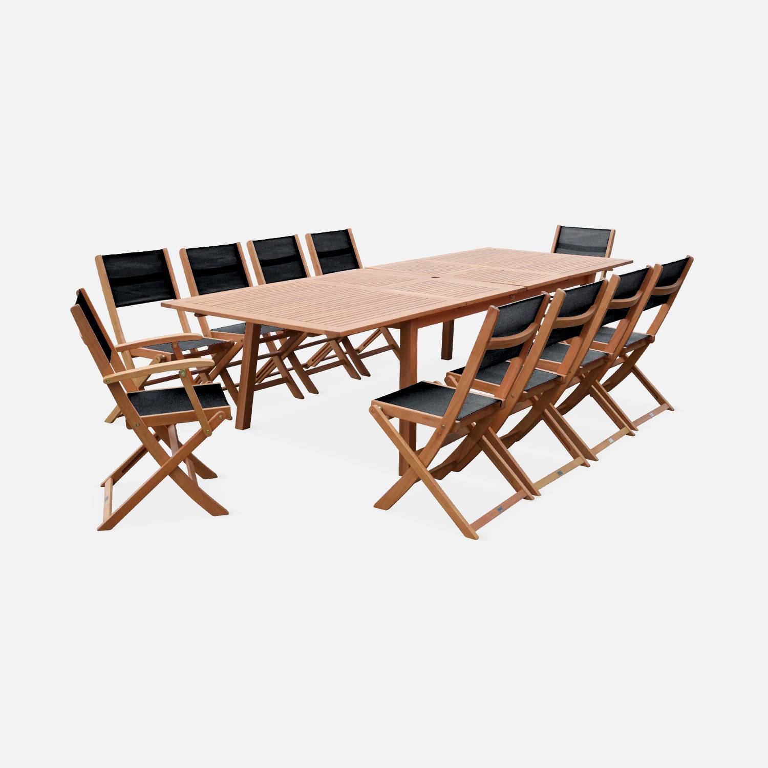 Salon de jardin en bois extensible - Almeria  table 200/250/300cm avec 2 rallonges, 2 fauteuils et 8 chaises, en bois d'Eucalyptus FSC huilé et textilène noir Photo3