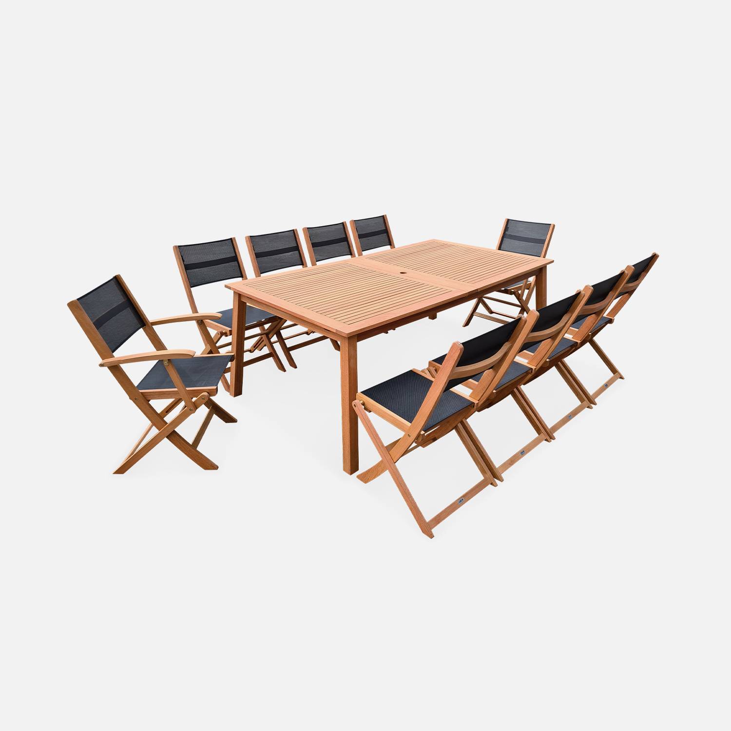 Salon de jardin en bois extensible - Almeria  table 200/250/300cm avec 2 rallonges, 2 fauteuils et 8 chaises, en bois d'Eucalyptus FSC huilé et textilène noir Photo4