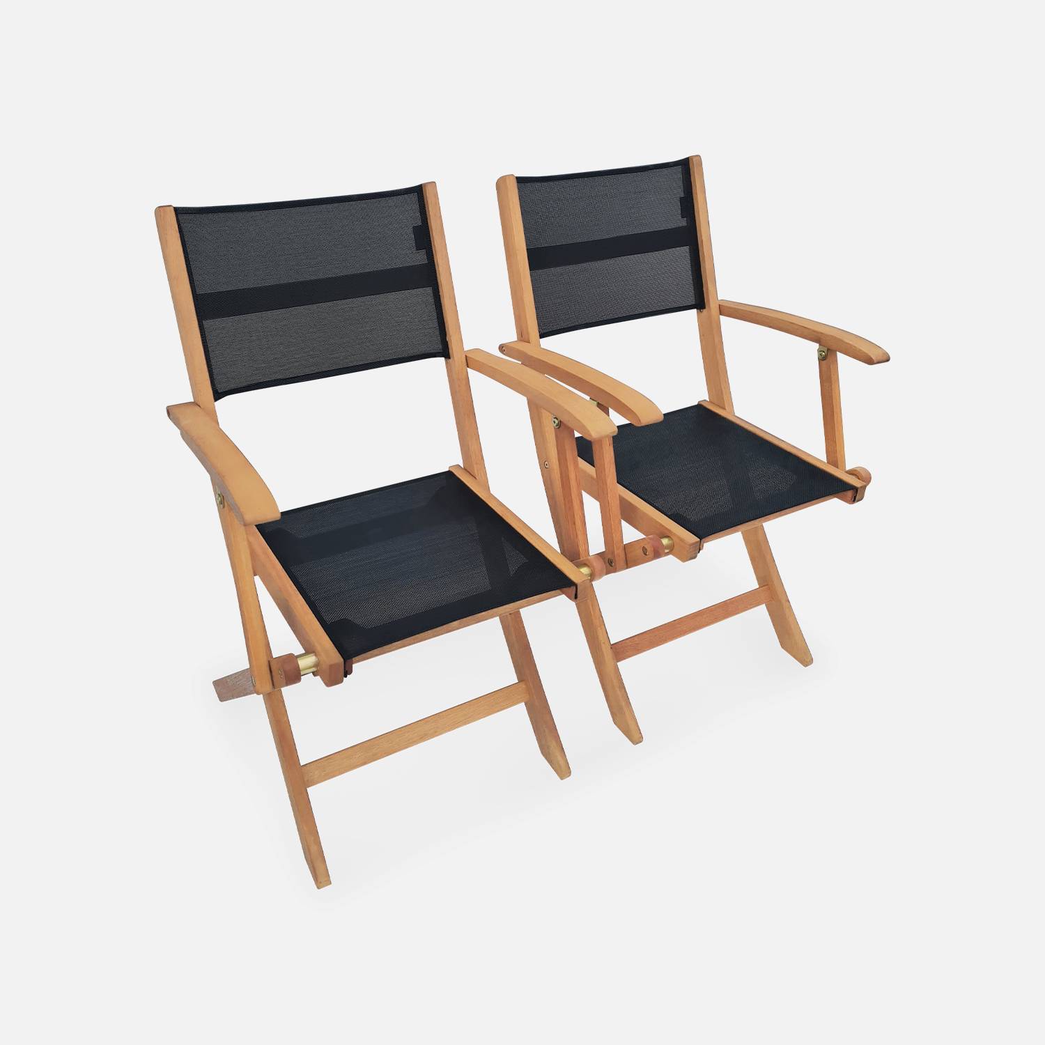 Salon de jardin en bois extensible - Almeria  table 200/250/300cm avec 2 rallonges, 2 fauteuils et 8 chaises, en bois d'Eucalyptus FSC huilé et textilène noir Photo6