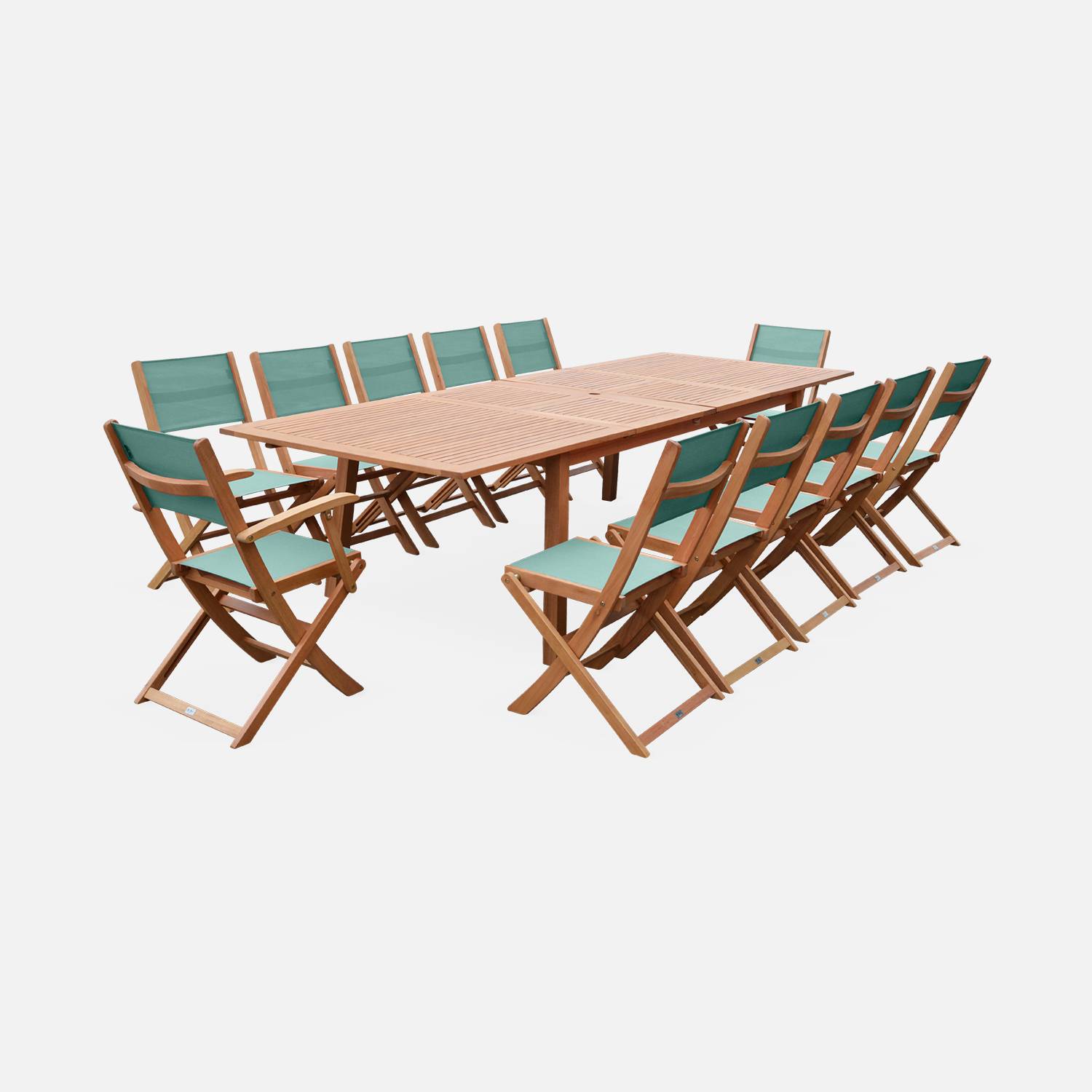 Salon de jardin en bois extensible - Almeria  table 200/250/300cm avec 2 rallonges, 2 fauteuils et 8 chaises, en bois d'Eucalyptus FSC huilé et textilène vert de gris Photo1