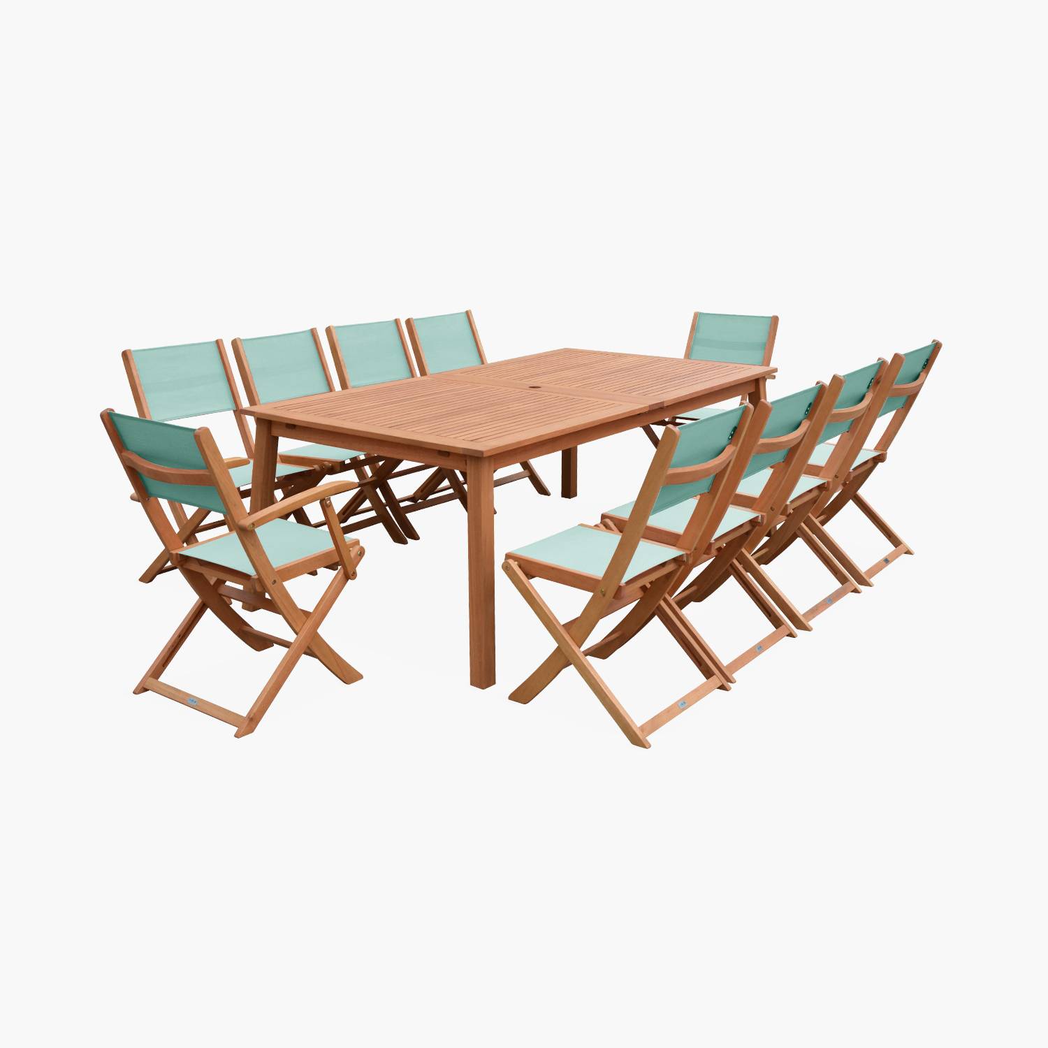 Salon de jardin en bois extensible - Almeria  table 200/250/300cm avec 2 rallonges, 2 fauteuils et 8 chaises, en bois d'Eucalyptus FSC huilé et textilène vert de gris Photo2
