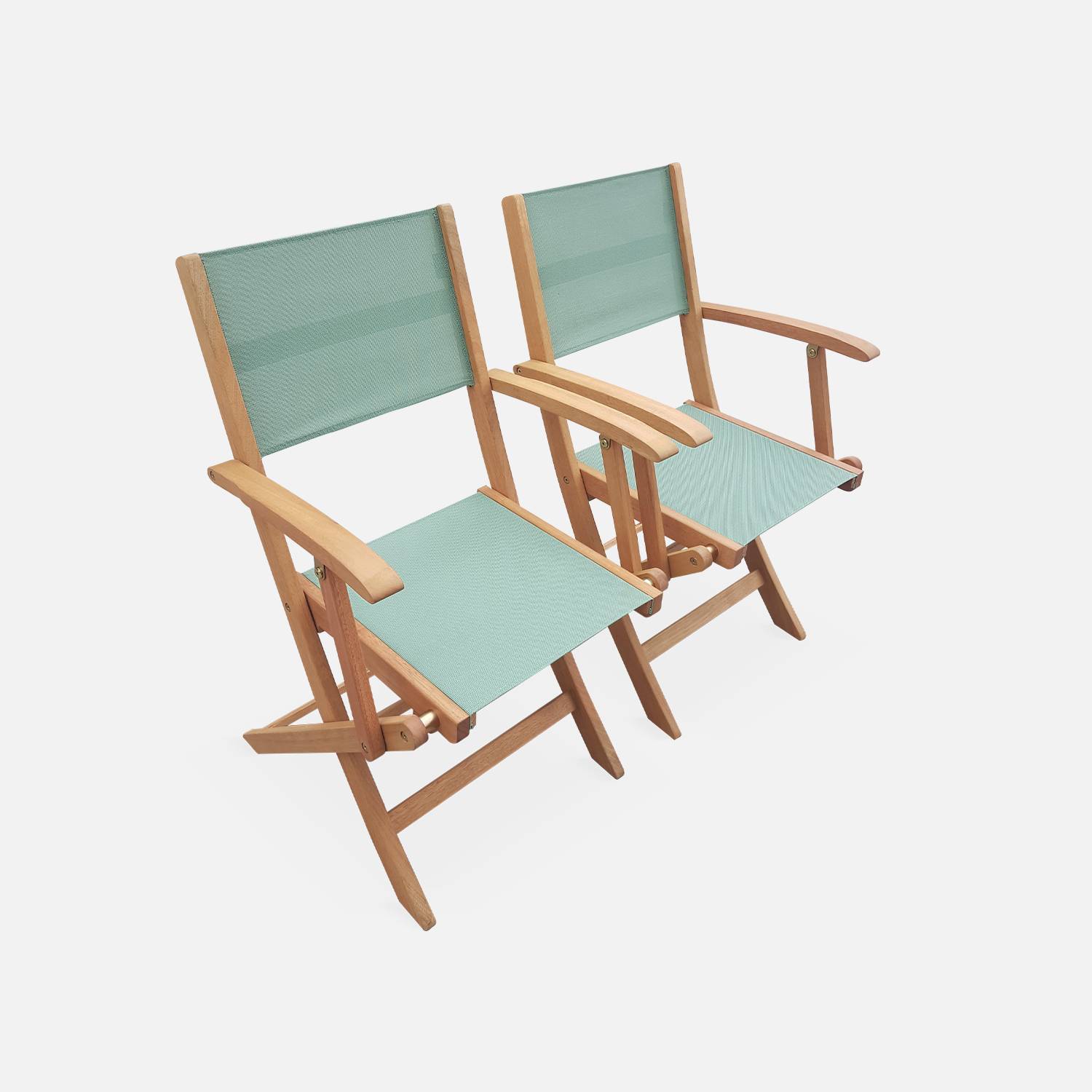 Salon de jardin en bois extensible - Almeria  table 200/250/300cm avec 2 rallonges, 2 fauteuils et 8 chaises, en bois d'Eucalyptus FSC huilé et textilène vert de gris Photo4