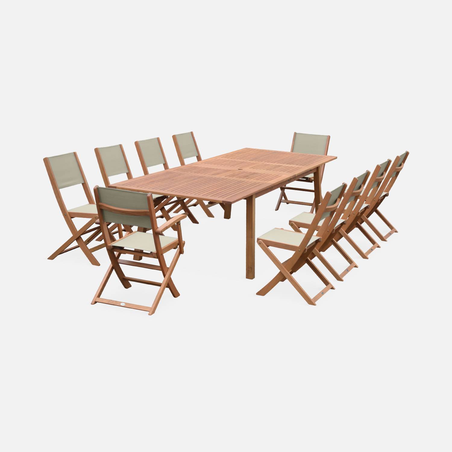 Salon de jardin en bois extensible - Almeria - table 200/250/300cm avec 2 rallonges, 2 fauteuils et 8 chaises, en bois d'Eucalyptus FSC huilé et textilène gris taupe Photo3