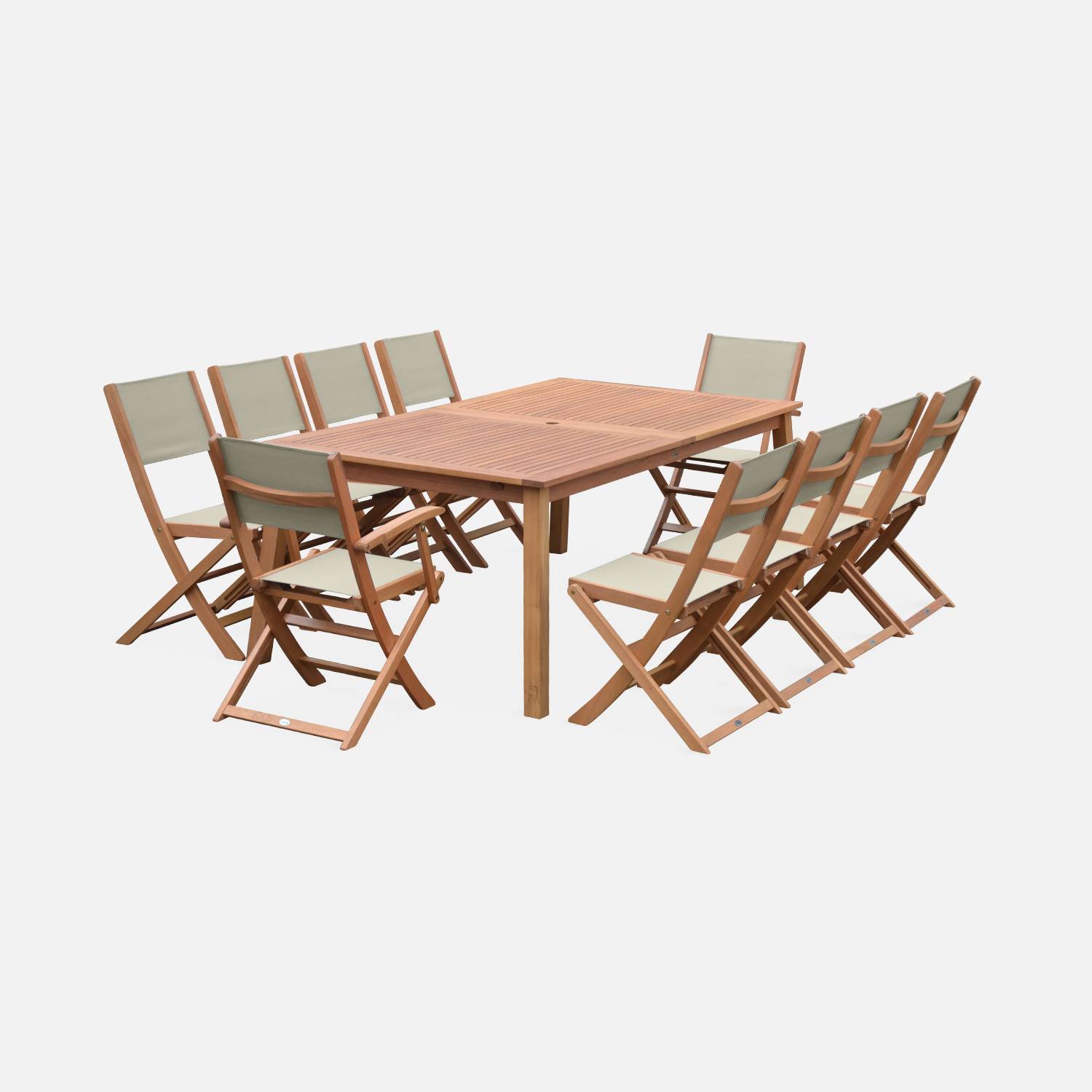 Ausziehbare Gartenmöbel aus Holz - Almeria Tisch 200/250/300cm mit 2 Verlängerungen, 2 Sesseln und 8 Stühlen, aus geöltem FSC Eukalyptusholz und taupgrau Textilene Photo4
