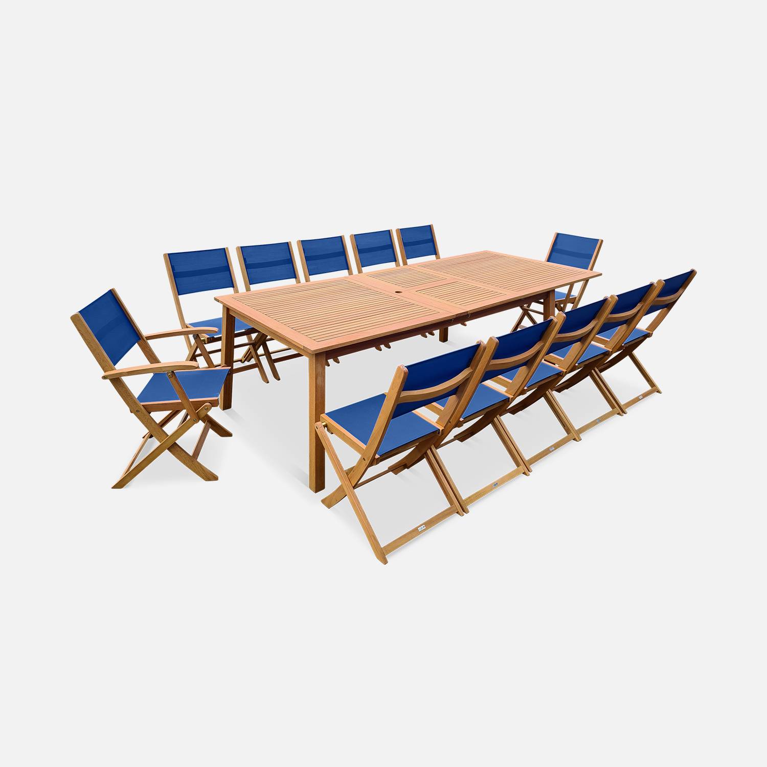 Salon de jardin en bois extensible - Almeria  table 200/250/300cm avec 2 rallonges, 2 fauteuils et 8 chaises, en bois d'Eucalyptus FSC huilé et textilène bleu nuit Photo1
