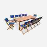 Ausziehbares Gartenmöbelset aus Holz - Almeria Tisch 200/250/300cm mit 2 Verlängerungsplatten, 2 Sesseln und 8 Stühlen, aus geöltem FSC Eukalyptusholz und nachtblauem Textilene Photo1