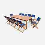 Ausziehbares Gartenmöbelset aus Holz - Almeria Tisch 200/250/300cm mit 2 Verlängerungsplatten, 2 Sesseln und 8 Stühlen, aus geöltem FSC Eukalyptusholz und nachtblauem Textilene Photo2