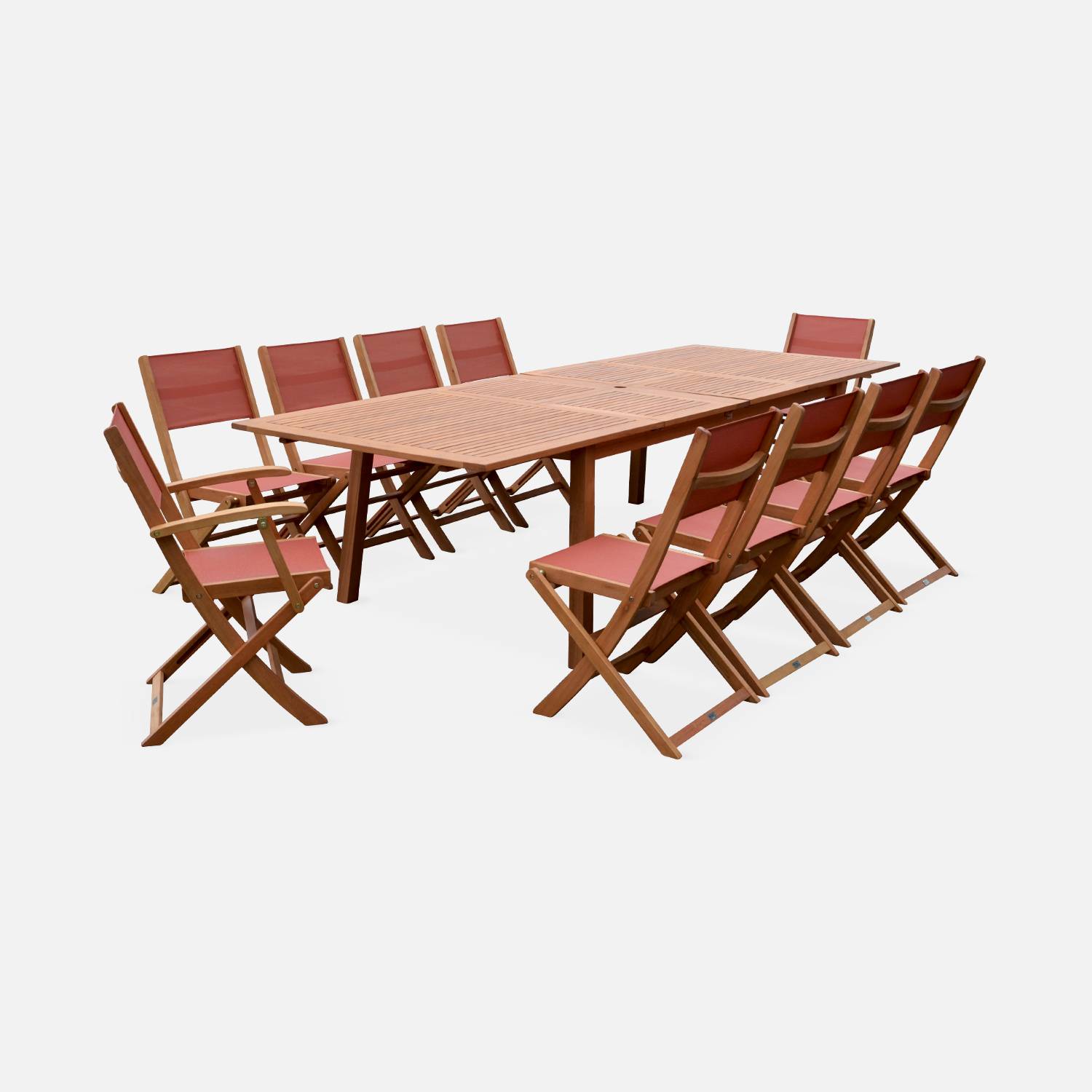 Salon de jardin en bois extensible - Almeria  table 200/250/300cm avec 2 rallonges, 2 fauteuils et 8 chaises, en bois d'Eucalyptus FSC huilé et textilène terra cotta Photo2
