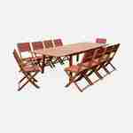 Ausziehbare Gartenmöbel aus Holz - Almeria Tisch 200/250/300cm mit 2 Verlängerungen, 2 Sesseln und 8 Stühlen, aus geöltem FSC Eukalyptusholz und Terra-Cotta Textilene Photo2