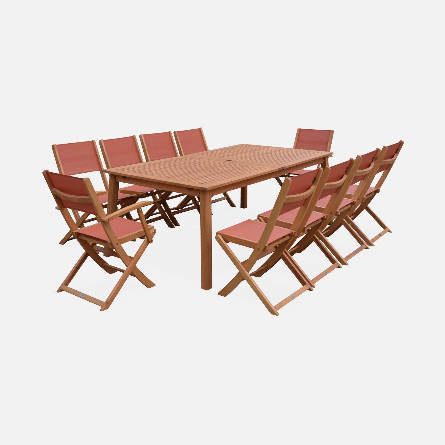 Salon de jardin en bois extensible - Almeria  table 200/250/300cm avec 2 rallonges, 2 fauteuils et 8 chaises, en bois d'Eucalyptus FSC huilé et textilène terra cotta Photo3