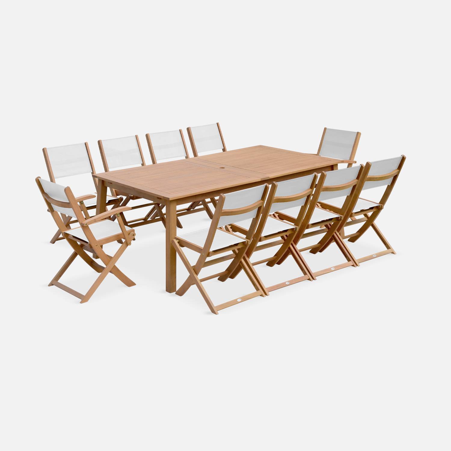 Salon de jardin en bois extensible - Almeria - Grande table 200/250/300cm avec 2 rallonges, 2 fauteuils et 8 chaises, en bois d'Eucalyptus FSC huilé et textilène blanc Photo3