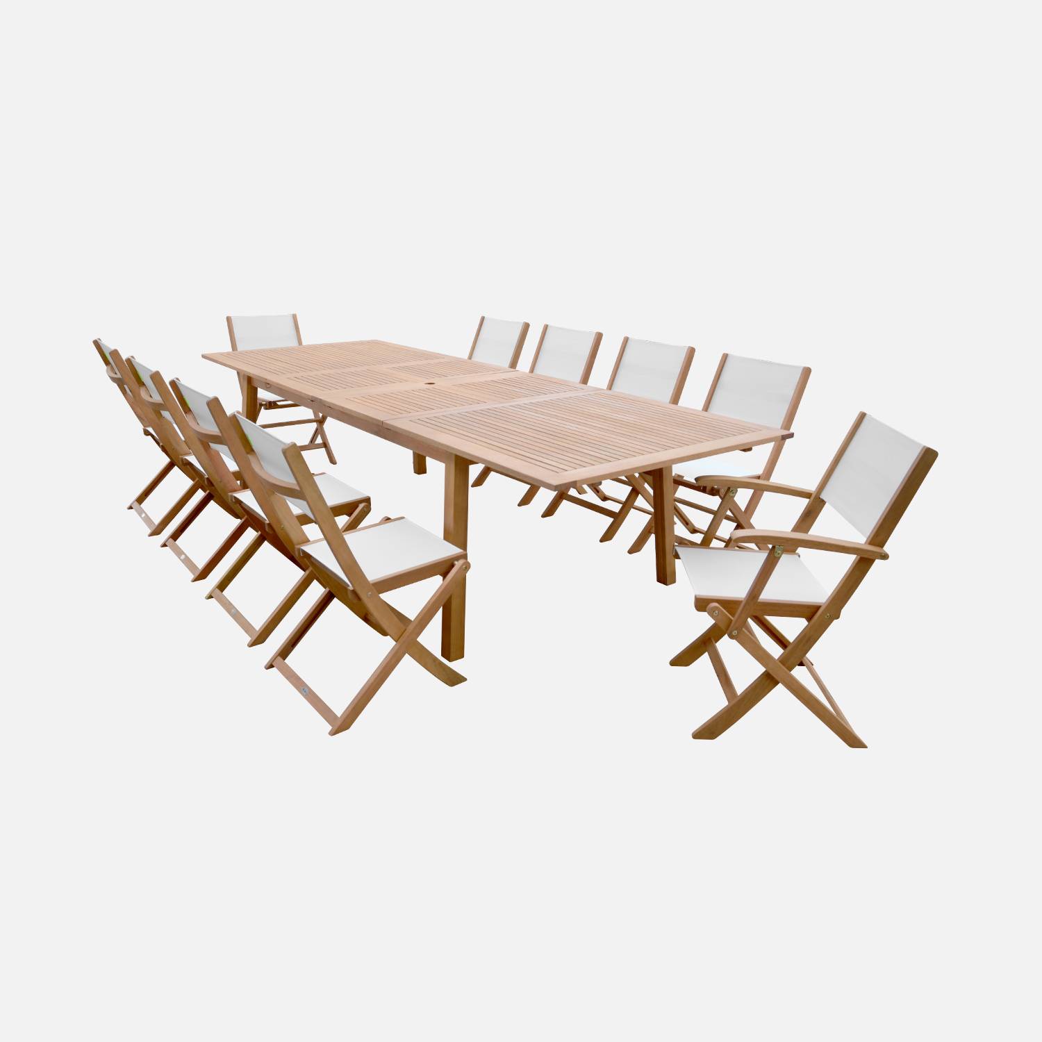 Salon de jardin en bois extensible - Almeria - Grande table 200/250/300cm avec 2 rallonges, 2 fauteuils et 8 chaises, en bois d'Eucalyptus FSC huilé et textilène blanc Photo4