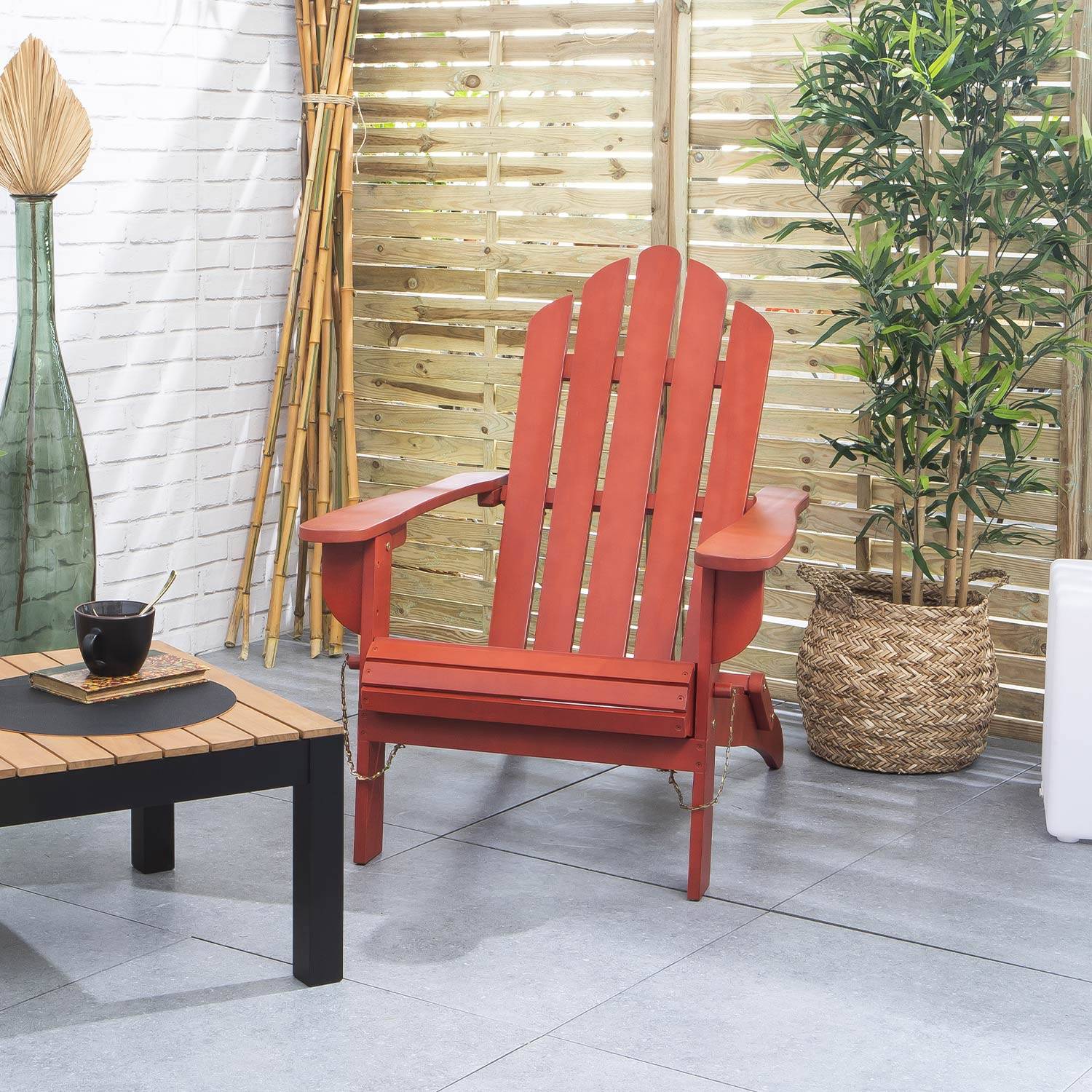 Poltrona de jardim em madeira eucalipto na cor vermelha FSC, cadeira de terraço retrô - SALAMANCA Photo5