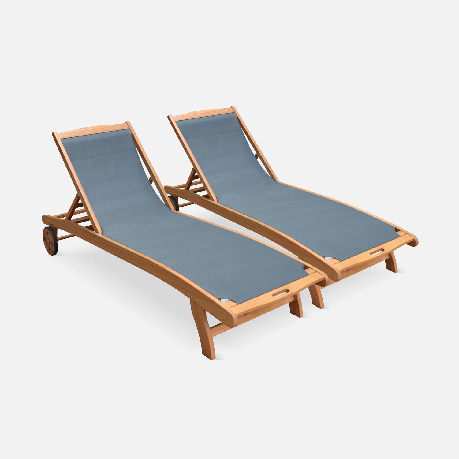2er Set Holz Sonnenliegen - Marbella Anthrazit  - 2 Liegestühle aus geöltem FSC-Eukalyptusholz und Textilene in Anthrazit Photo3